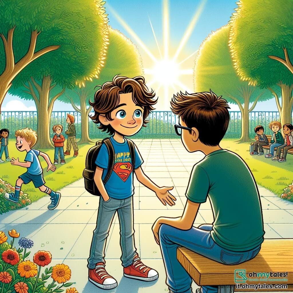 Un ragazzo di 12 anni, di nome Matteo, si trova al centro dell'immagine. Ha capelli castani arruffati, occhi scintillanti di determinazione e un sorriso amichevole. Indossa una maglietta blu con un motivo di supereroe e jeans casual. Matteo sta tendendo la mano verso un altro ragazzo seduto su una panchina, offrendogli un sorriso caloroso per incoraggiarlo a unirsi a lui. Accanto a Matteo c'è Luca, un ragazzo di 12 anni con capelli castani e occhiali tondi. È seduto sulla panchina, con un'aria timida, ma guarda Matteo con una luce di speranza negli occhi. Il contesto è un cortile scolastico soleggiato, circondato da alberi alti con foglie verdi brillanti. I bambini giocano in lontananza, mentre fiori colorati bordano il sentiero. La situazione principale mostra Matteo, con un'aria determinata e benevola, che tende la mano verso Luca per invitarlo a unirsi a lui e ad altri bambini, illustrando un momento di solidarietà e amicizia contro il bullismo.