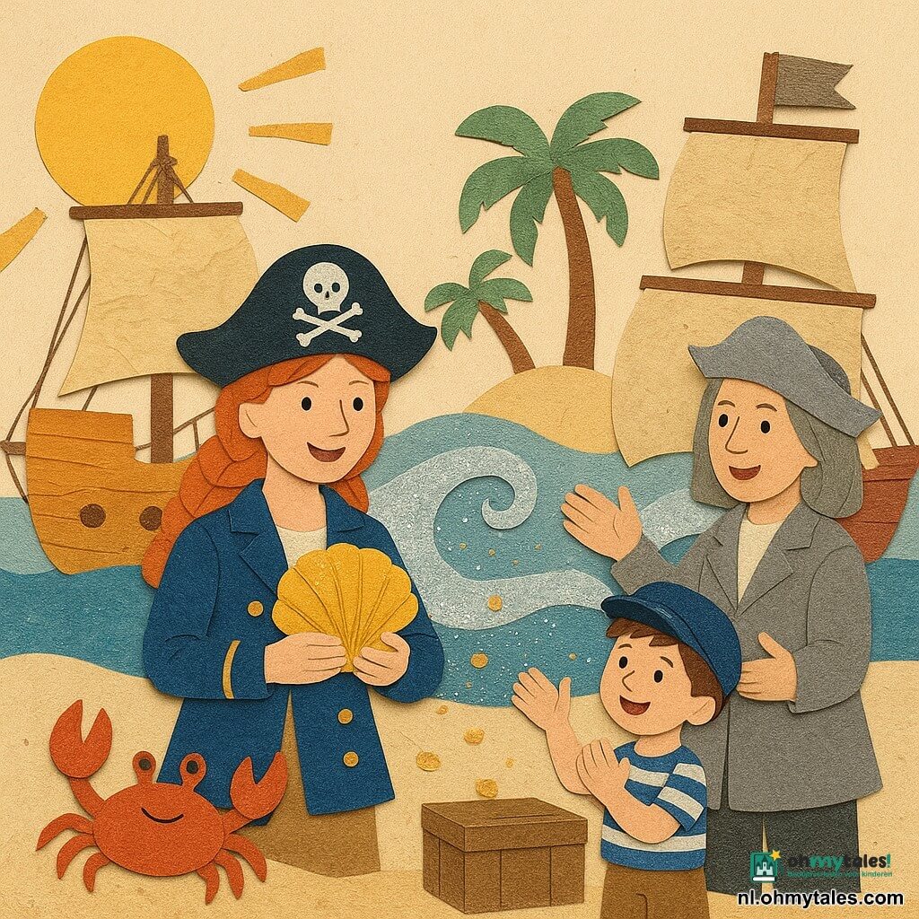 Piratenkapitein Nila, glimlachend en vastberaden, met rood gevlochten haar en blauwe jas met gouden knopen houdt een grote glanzende gouden schelp tegen haar borst op het houten dek; naast haar klapt de ongeveer 8‑jarige Finn met kastanjebruin haar en een scheef blauwe matrozenpet vrolijk terwijl hij op een houten kist staat; piratenkapitein Mira, ongeveer vijftig, met zilveren hoed en grijze mantel staat op het buurdek met uitgestrekte handen en een tedere, verraste blik naar de schelp; op het zand op de voorgrond kijkt een grote rode krab met open scharen vriendelijk toe; twee kleurrijke houten schepen liggen naast elkaar, een zilveren fonkelende golf schiet tussen hen uit en strooit kleine glanzende schelpjes terwijl alle personages hun handen naar de gouden schelp uitstrekken, vrolijke warme vriendschappelijke sfeer, geel zonnetje aan de horizon en palmbomen op een wit zandstrand.