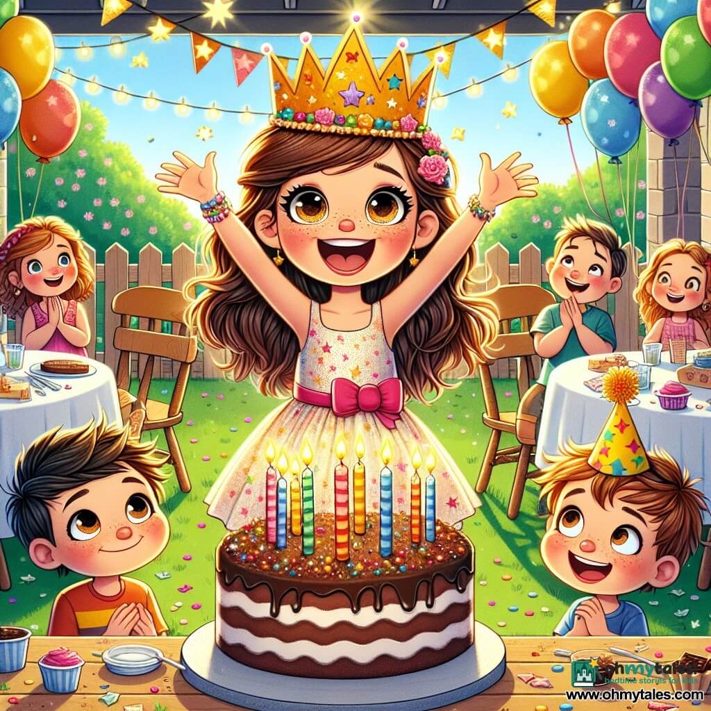 An 8-year-old girl, Maya, with long brown hair and sparkling eyes, wears a colorful paper crown and a bright smile. She stands at the center of the scene, arms raised, ready to sing her birthday song. Next to her, her 5-year-old brother Nico, with messy hair and a chocolate-smeared face, claps enthusiastically, his eyes shining with excitement. The setting is a sunny garden filled with colorful balloons, tables decorated with star-patterned tablecloths, and a large chocolate cake topped with sparkling candles. Neighbors and friends are seated on wooden chairs, smiling and eagerly awaiting the song's start. The main scene shows Maya joyfully singing, surrounded by friends and family, all united by the magic of the birthday, creating a festive and warm atmosphere full of laughter and happiness.