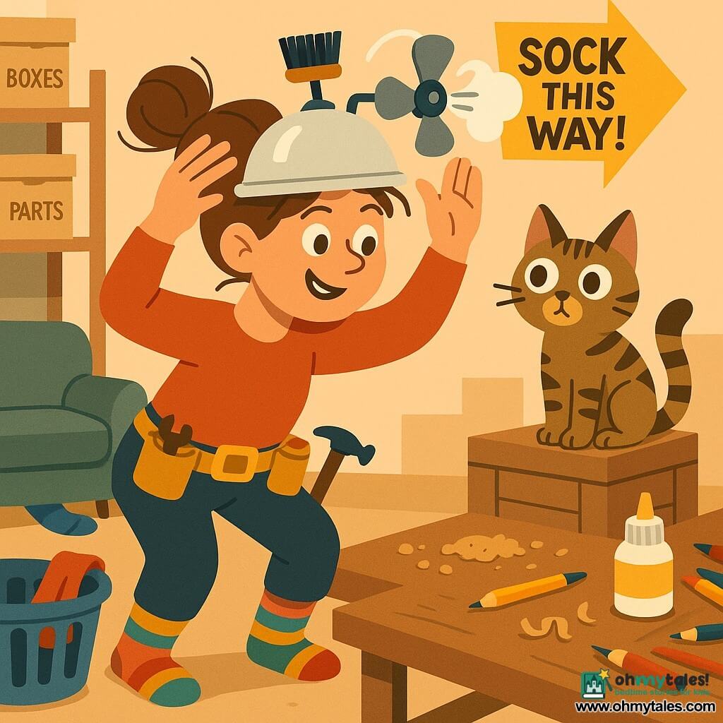 Inventive adult woman with a smiling, focused face and messy brown bun, wearing bright striped socks and a tinkling tool belt, adjusts a mixing-bowl hat invention with arms raised in a dynamic pose; nearby sits Pickle, a small tabby cat on a crate watching the hat curiously; a red sock and a blue sock lie scattered—one sliding from the laundry basket, the other under the sofa—inside a warm, slightly cluttered workshop with wooden shelves, labeled boxes, crumbs, pencil shavings, glue pots and colored pencils; main scene: she tests a sock-finding hat equipped with a small bristle brush and a mini fan that points a bright yellow arrow reading "SOCK THIS WAY!" while the hat emits visible curved gusts of air, creating a playful, slightly whimsical atmosphere.
