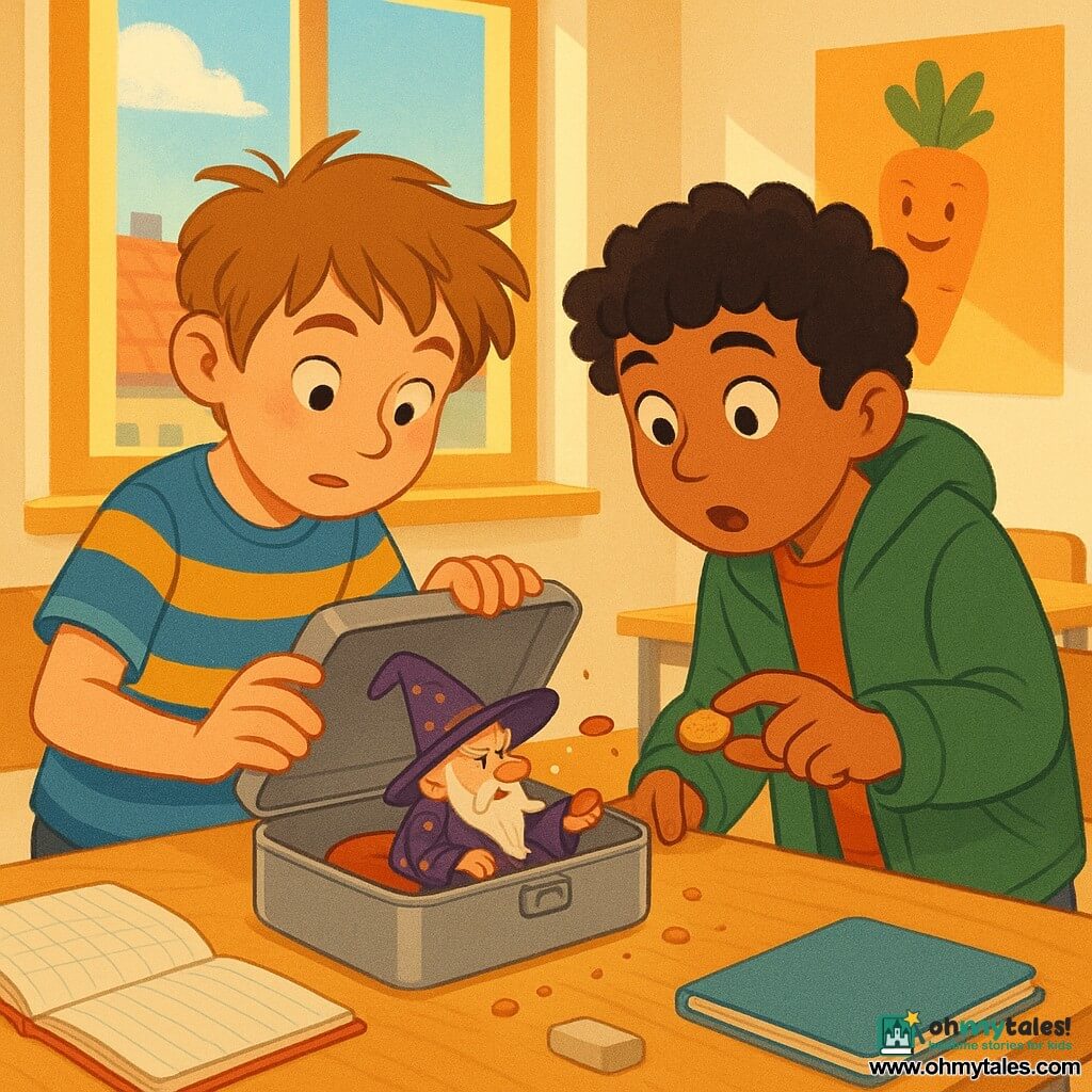 There are three characters: Finn, a ~9-year-old boy with messy light-brown hair, a blue-and-yellow striped T-shirt and curious brows, crouched left with one hand on an open metal lunchbox and the other about to close it; Milo, a ~9-year-old boy with curly black hair, an oversized green jacket and wide amazed eyes, standing to Finn’s right, leaning toward the lunchbox holding a small cookie between thumb and forefinger; and a tiny wizard the size of a palm, with a pointed beard, oversized hat and a purple robe with gold dots, sitting on a small cushion inside the lunchbox, sulky and sneezing a crumb. The scene is a bright, colorful classroom with light wooden tables, a smiling carrot poster, a window showing blue sky and a roof, scattered notebooks, an eraser and crumbs, soft morning light. Main situation: the two boys discover the miniature wizard sulking/asleep in the open lunchbox; Finn hesitates to close the lid while Milo offers a cookie. The tone is magical and comic, with vivid colors, clear lines and simple expressive shapes suitable for a children’s book.
