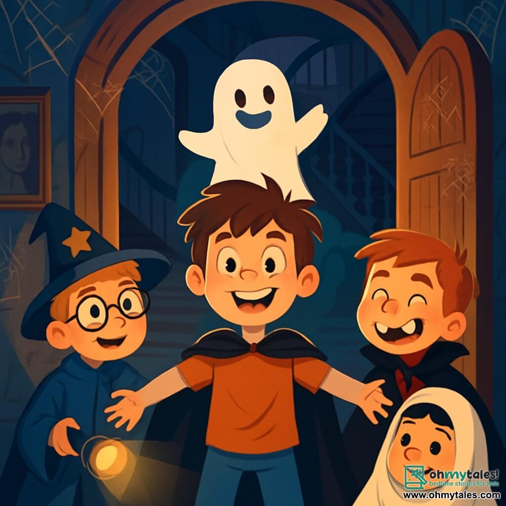 There are 4 children: Max, a 10-year-old boy with messy brown hair and a big smile, wearing a black cape that floats behind him, stands in the center with arms outstretched, inviting his friends into the house. Charlie, also 10, has round glasses and blonde hair, wearing a wizard costume with a golden star on his hat, is to the left of Max, holding a flashlight to light the way. Sam, a 10-year-old with red hair and freckles, is to the right of Max in a vampire costume with plastic fangs, laughing and making a funny face. Leo, a 10-year-old with black hair and sparkling eyes, wears a ghost costume made of white sheets, standing slightly back but with a brave posture, ready to follow his friends. The main setting is a mysterious old mansion with large carved wooden doors, dusty windows, and cobwebs in the corners. The dark interior is lit by flickering lanterns, revealing walls adorned with old portraits and a grand spiral staircase leading to upper floors. The main situation shows the children discovering the mansion, both amazed and a bit scared, as a friendly little ghost named Jasper joyfully floats before them, inviting them into the magical world of the ghost dance.