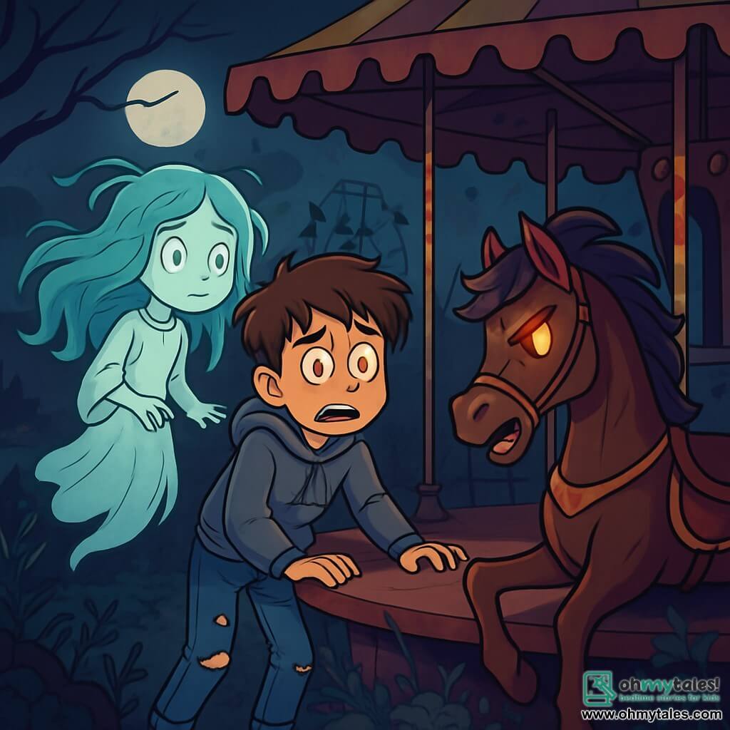 A 12-year-old boy with messy brown hair and wide eyes filled with fear stands at the edge of an old carousel. He wears a gray hoodie and ripped jeans, his trembling hands gripping the edge of the ride. Next to him, a spectral girl, about 11 years old, with long, flowing hair like seaweed, appears, her eyes shining with hope and sadness. She floats slightly above the ground, her translucent white clothes billowing in the air. The setting is an abandoned amusement park, with flickering lights turned off, rusty structures, and eerie shadows cast by the moon. The carousel is surrounded by brambles and dead leaves, and the atmosphere is thick with mystery and dark magic. The main scene shows the boy, frozen in fear, facing a wooden horse with glowing, menacing eyes, while the carousel's music faintly echoes, creating a bewitching yet terrifying ambiance.