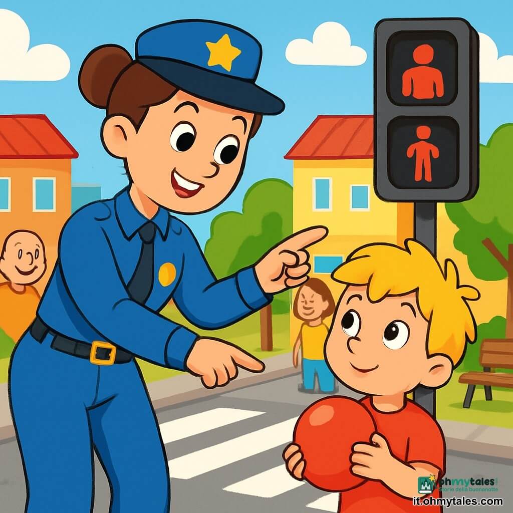 Una poliziotta sorridente, con i capelli castani raccolti in un chignon, indossa un'uniforme blu brillante e un piccolo cappello. Ha uno sguardo benevolo e determinato e si piega leggermente per aiutare un giovane ragazzo. Il ragazzo, di circa 6 anni, ha i capelli biondi arruffati e indossa una maglietta rossa. Tiene una grande palla rossa contro il cuore, con gli occhi brillanti di curiosità. La scena si svolge in una bella piazza animata, circondata da edifici colorati, con alberi verdi e panchine di legno. Il cielo è azzurro chiaro, punteggiato da nuvole bianche e soffici. La poliziotta spiega al ragazzo come attraversare la strada in sicurezza, mostrando il semaforo rosso. I passanti intorno sorridono, creando un'atmosfera calorosa e amichevole.