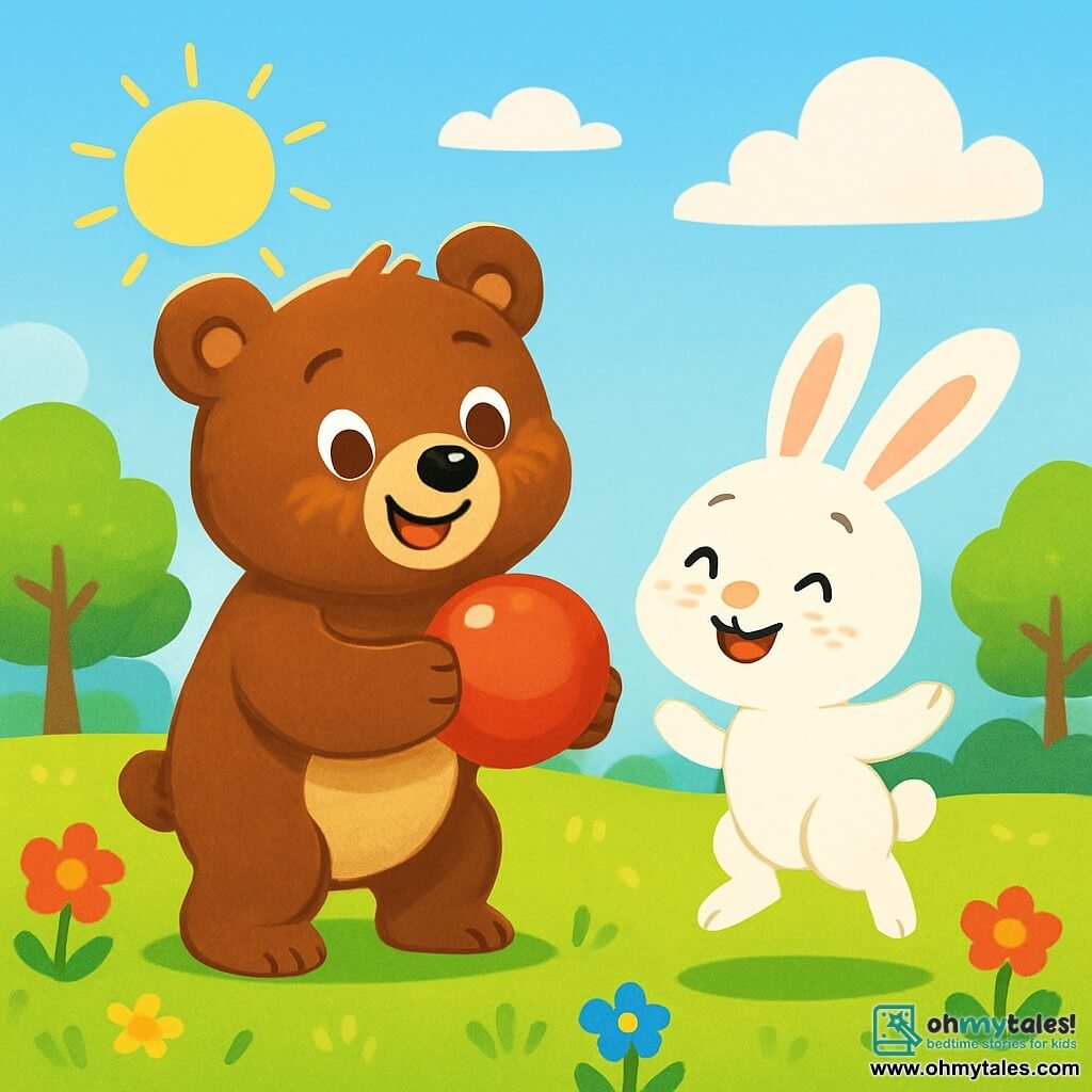 A cheerful and smiling brown bear stands in the center of the image, holding a shiny red ball in its paws. Its eyes sparkle with happiness and its fur is soft and silky, illuminated by the sun. Next to it, a small white rabbit with big ears and a radiant smile looks at the bear with admiration. The rabbit is joyfully hopping, its hind legs in the air, on a carpet of green grass. The setting is a sunny field dotted with colorful flowers and trees with bright leaves, under a clear blue sky. In the distance, fluffy clouds float peacefully. The main scene shows the bear and rabbit playing together, ready to throw the ball, surrounded by a joyful and friendly atmosphere.