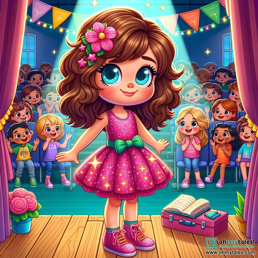 An 8-year-old girl named Lily stands on a wooden stage, wearing a sparkling pink dress with sequins that shine under the lights. She has bright blue eyes and brown curls dancing around her face. Her expression is both nervous and determined, with a slight smile showing her willingness to overcome her fear. Next to her, her best friend Mia, also 8, with smooth brown hair, encourages her with a big smile. Mia wears a colorful t-shirt and jeans and stands in the audience, raising her arms to applaud Lily. The venue is a school auditorium decorated with colorful balloons and paper garlands. The seats are filled with students, parents, and teachers, all smiling and eager to see the performance. The main scene shows Lily taking a deep breath, ready to sing in front of the crowd, with butterflies in her stomach, symbolizing her mix of excitement and nervousness. The atmosphere is festive, filled with light and bright colors, reflecting the joyful spirit of the event.