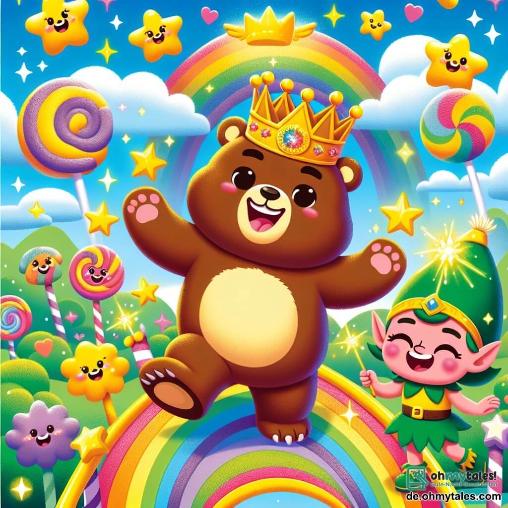 Bruno, ein brauner Bär mit großen Ohren und einem warmen Lächeln, trägt eine goldene Krone in Form eines Honigtopfs. Er tanzt fröhlich auf einem bunten Regenbogen, seine Augen funkeln vor Aufregung und Glück. Neben ihm lacht ein Kobold mit grünen Haaren, der ein Gewand aus Blättern trägt, während er einen funkelnden Zauberstab schwingt und Sterne um sie herum zaubert. Im Hintergrund schweben bonbonförmige Wolken in einem strahlend blauen Himmel, während lächelnde Blumen in lebhaften Farben im Takt der Musik tanzen. Die Szene strahlt eine festliche und verspielte Atmosphäre aus und zeigt den Moment, in dem Bruno seinen Sieg bei einem großen Honigfest feiert.