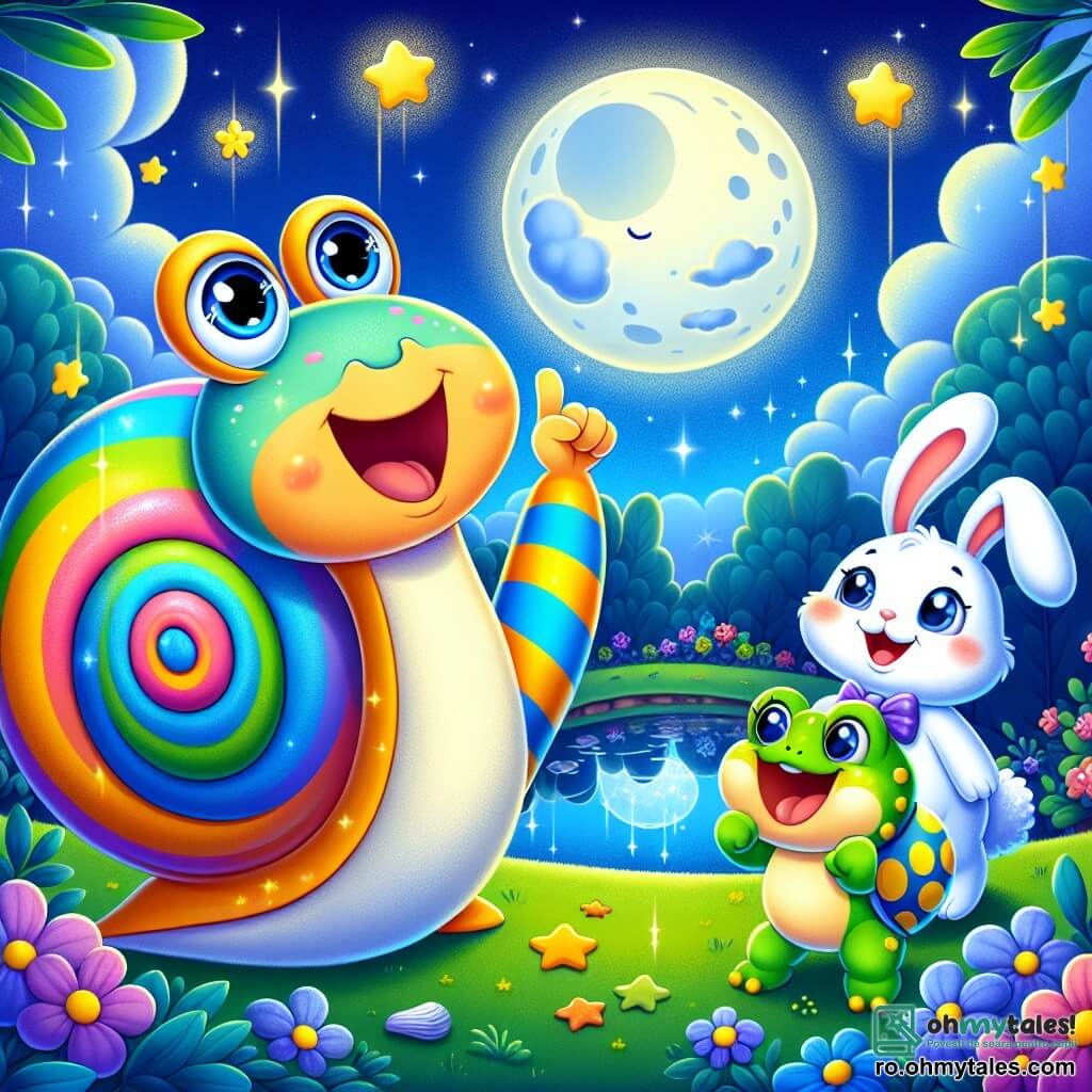 Un melc colorat numit Lulu, cu un cochilie dungată de culori vii și un zâmbet mare, stă în centrul imaginii, pregătit să organizeze o cursă. La dreapta sa, un iepuraș cu urechi mari și albe, numit Puf, sare cu entuziasm, cu ochii strălucind de excitație. La stânga, o broască verde cu pete galbene, numită Broscuța Verde, sare cu determinare, pregătită să participe la cursă. Decorul este o grădină magică sub un cer înstelat, cu flori strălucitoare și frunze lucioase care scintilează la lumina lunii. În fundal, un lac liniștit reflectă stelele, adăugând o notă de magie scenei. Lulu, cu o expresie plină de bucurie, anunță începutul cursei, în timp ce Puf și Broscuța Verde se pregătesc să pornească, creând o atmosferă de excitație și prietenie în acest moment distractiv.