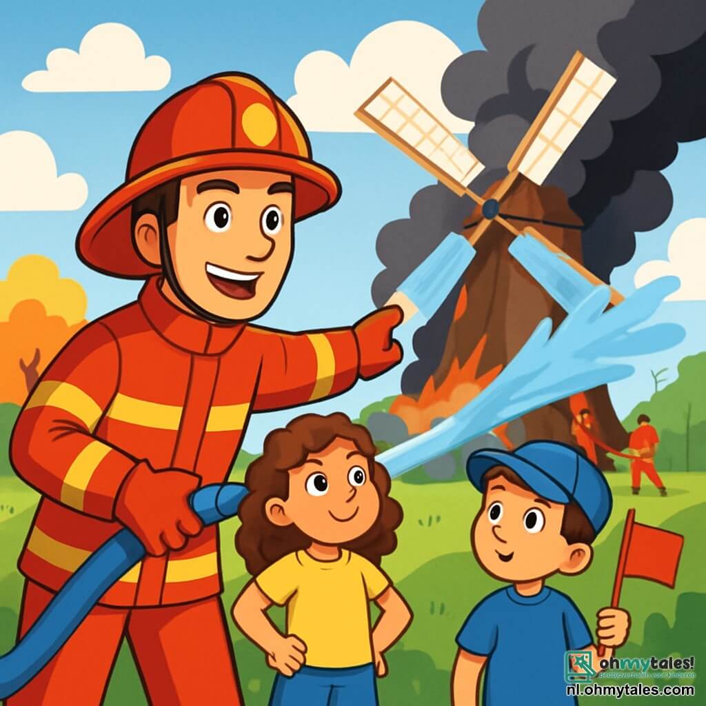 Een glimlachende en vastberaden mannelijke brandweerman in een felrode uniform en een grote beschermhelm geeft met vertrouwen leiding aan zijn collega's, zijn ogen stralend van opwinding. Naast hem staat een meisje van ongeveer 10 jaar met bruin, krullend haar, die met verwondering toekijkt, handen op de heupen, gekleed in een gele t-shirt en blauwe shorts. Een 8-jarig jongetje met een blauwe pet staat iets verder weg, met grote ogen en een klein rood vlaggetje in zijn hand. De scène speelt zich af voor een oude houten molen met witte wieken die langzaam in de wind draaien, omringd door groene velden en kleurrijke bomen. Witte wolken drijven in een stralende blauwe lucht, terwijl dikke zwarte rook uit de basis van de molen komt, wat een opvallend contrast creëert. De hoofdsituatie toont de brandweerman die het team coördineert om het vuur te blussen dat de molen verwoest, met krachtige waterstralen die uit de grote brandslang spuiten, terwijl de kinderen gefascineerd en een beetje bezorgd toekijken, maar veilig zijn.