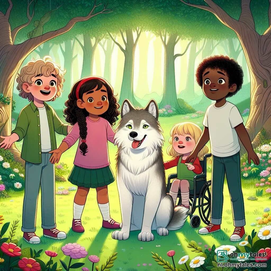 In een betoverde open plek staan vier vrienden samen: Emma, een 10-jarig meisje met lange, krullende haren en een dappere glimlach, staat in het midden met open armen, klaar om de wolf te verwelkomen. Niels, een 9-jarige jongen met blond haar en sprankelende ogen, staat rechts van haar en wijst enthousiast naar de wolf. Sophie, een 8-jarig meisje met vlechten en een nieuwsgierige blik, staat iets achteraan links met haar handen op haar heupen en kijkt bezorgd naar de scène. Max, een 10-jarige jongen in een rolstoel, staat naast Sophie met een grote glimlach en houdt een klein doosje snoepjes vast dat hij met de wolf wil delen. De open plek is omringd door grote bomen met knoestige stammen en heldergroene bladeren, terwijl een zachte zonnestraal door de takken filtert en de scène verlicht. Kleurrijke bloemen bedekken de grond en voegen een vleugje magie toe aan de omgeving. In het midden van de open plek staat een grote grijze wolf met een glanzende vacht en zachte ogen, die nieuwsgierig naar de kinderen kijkt. De kinderen benaderen hem met vriendelijke gebaren, klaar om te laten zien dat ze niet komen om hem bang te maken, maar om hun vriendschap aan te bieden.