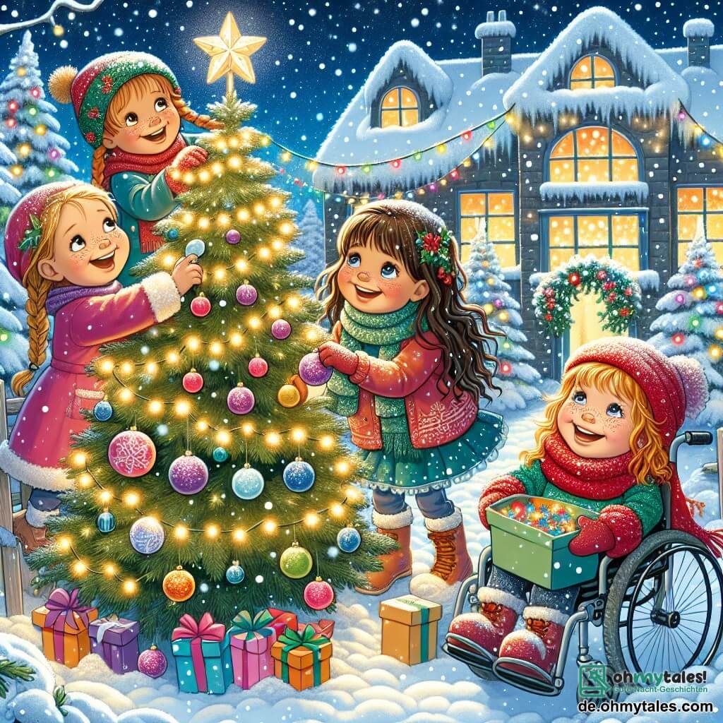 In einem verschneiten Garten sind vier fröhliche Mädchen um einen großen Weihnachtsbaum versammelt. Mia, ein 7-jähriges Mädchen mit langen braunen Haaren und funkelnden Augen, hängt glitzernde Sterne an die Zweige des Baumes. Leni, ein 8-jähriges Mädchen mit geflochtenen blonden Haaren und strahlendem Lächeln, sitzt in ihrem mit Lichtern geschmückten Rollstuhl und hängt bunte Kugeln auf. Emma, ein 6-jähriges Mädchen mit roten Haaren und Sommersprossen, hält eine Box mit bunten Lichtern bereit, um sie aufzuhängen. Lotta, ein 7-jähriges Mädchen mit lockigen Haaren und einem roten Schal, singt fröhlich, während sie um den Baum tanzt. Der Garten ist mit einer dicken Schicht glitzernden Schnees bedeckt, und sanfte Schneeflocken fallen vom sternenklaren Himmel. Im Hintergrund sieht man das warme Gebäude des Kindergartens, das von Lichtern beleuchtet wird. Die Mädchen lachen und singen zusammen und schaffen eine festliche und magische Atmosphäre, während sie den Baum für Weihnachten schmücken, umgeben von der Schönheit des Winters.