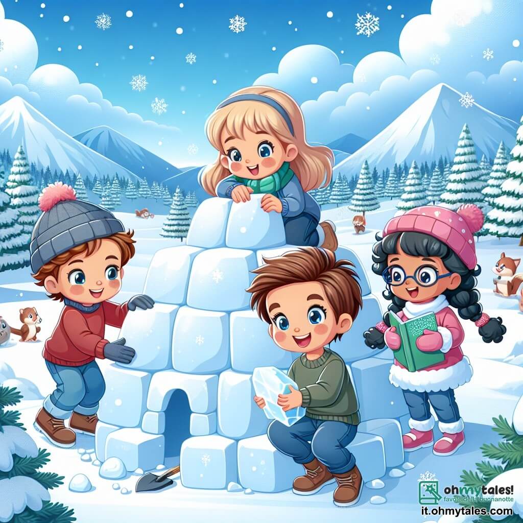 In un incantevole paesaggio invernale, quattro bambini si divertono a costruire un igloo. Luca, un ragazzo di dieci anni con i capelli castani e gli occhi brillanti, è accovacciato mentre modella un grosso blocco di neve con un grande sorriso. Accanto a lui, Sofia, una ragazza con i capelli biondi e treccia, tiene una pala di plastica, pronta ad aiutarlo, con il viso raggiante di gioia. Marco, un ragazzo con i capelli castani e occhiali, si trova un po' più lontano, ridendo mentre lancia una palla di neve verso i suoi amici. Infine, Giulia, una ragazza con i capelli neri e ricci, osserva con meraviglia, tenendo un libro sui fiocchi di neve, seduta su una panchina di neve. Il paesaggio è un magnifico scenario montano, con maestosi abeti coperti di neve scintillante e un cielo blu chiaro punteggiato di nuvole bianche e soffici. La scena principale mostra i bambini in azione, ridendo e giocando insieme mentre costruiscono il loro igloo, circondati da fiocchi di neve che cadono dolcemente, aggiungendo un tocco di magia alla loro avventura invernale.