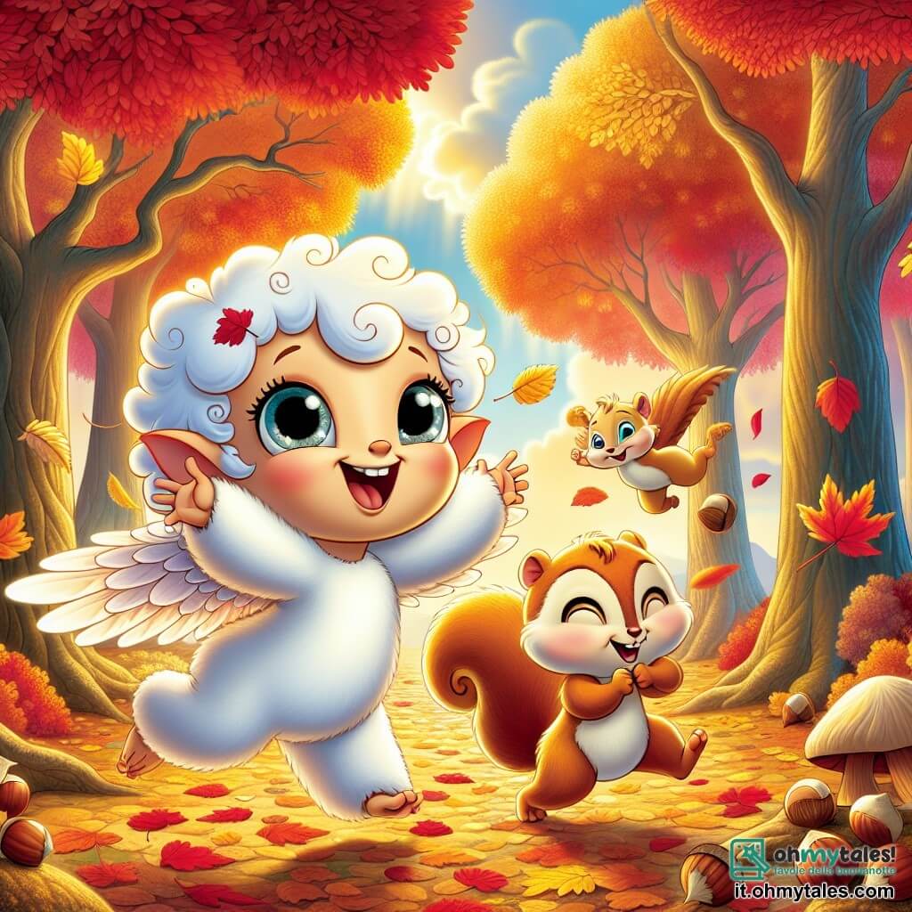In un parco autunnale, Piumina, una piccola creatura con ali morbide come nuvole e grandi occhi curiosi, danza gioiosamente tra un tappeto di foglie rosse, arancioni e gialle, con un sorriso splendente sul volto. Accanto a lei, Nocino, uno scoiattolo birichino con le guance rotonde piene di nocciole, salta entusiasta, i suoi occhi brillano di malizia mentre cerca una foglia lucente da aggiungere alla loro collezione. Sullo sfondo, grandi alberi maestosi con tronchi rugosi e rami carichi di foglie colorate si ergono sotto un cielo blu chiaro, illuminato dalla dolce luce dorata del sole al tramonto. La scena mostra Piumina e Nocino intenti a giocare e ridere, circondati dalla bellezza splendente dell'autunno, creando un'atmosfera gioiosa e magica.