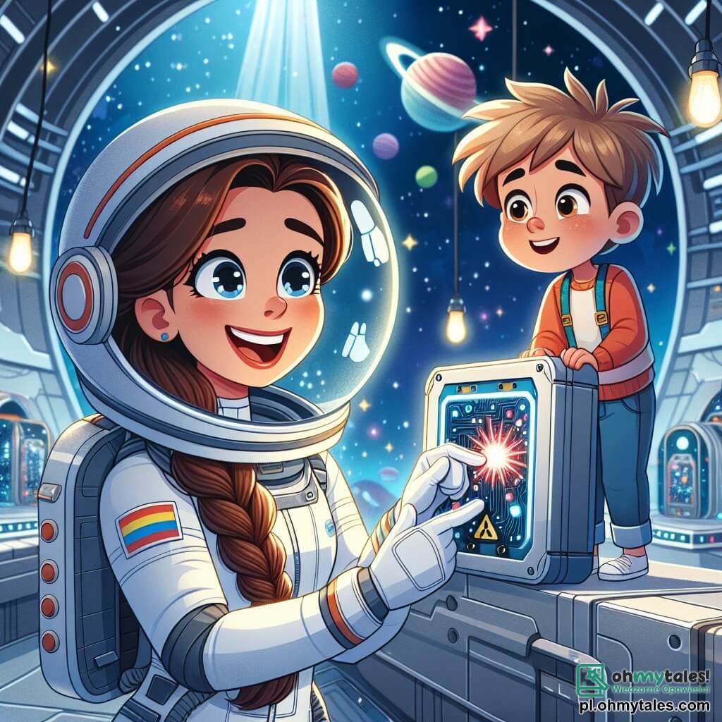 Na pierwszym planie stoi młoda astronautka o imieniu Kasia, mająca około 25 lat, z szerokim uśmiechem, z długimi, splecionymi brązowymi włosami pod kaskiem kosmicznym. Ma na sobie białą kombinezon kosmiczny ozdobiony jaskrawymi kolorami i wydaje się pełna entuzjazmu, gdy bada unoszące się przed nią urządzenie technologiczne. Obok niej stoi ciekawy chłopiec o imieniu Tomek, mający około 10 lat, z rozczochranymi blond włosami i błyszczącymi oczami, z fascynacją przyglądający się narzędziu, które Kasia trzyma w rękach. Ma na sobie kombinezon kosmiczny nieco za duży, co czyni go jeszcze bardziej uroczym. Scena rozgrywa się wewnątrz futurystycznej stacji kosmicznej, z metalowymi, srebrnymi ścianami i dużymi oknami oferującymi spektakularny widok na gwiaździste niebo, gdzie w tle widać kolorowe planety i migoczące gwiazdy. Kasia i Tomek współpracują, aby naprawić urządzenie, które miga na czerwono, otoczeni unoszącymi się narzędziami i jasnymi ekranami, co ilustruje ich radosną współpracę i determinację w realizacji misji kosmicznej.
