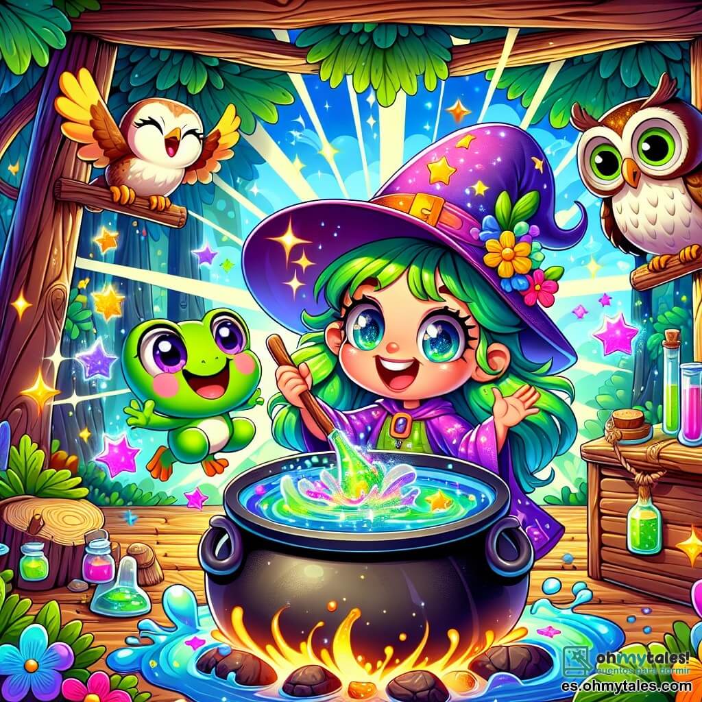 Una bruja alegre, llamada Lulú, con cabello verde brillante y un gran sombrero puntiagudo, mezcla una poción burbujeante en un gran caldero. Tiene una sonrisa radiante y ojos chispeantes de travesura. A su lado, una pequeña rana verde llamada Rita, con grandes ojos redondos, salta alegremente, salpicando un poco de agua de colores. Un búho sabio, con plumas marrones y gafas redondas, vuela sobre ellos, observando la escena con una expresión divertida. La escena se desarrolla en una cabaña de madera, rodeada de una jungla exuberante, con árboles gigantes con hojas brillantes y flores multicolores. Rayos de sol atraviesan el follaje, iluminando la poción que brilla intensamente. Lulú mezcla ingredientes mágicos, mientras una nube de colores vibrantes sale del caldero, provocando risas entre todos los personajes presentes.