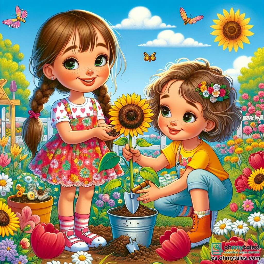 Una niña de 10 años, Valentina, está en el centro de un jardín en plena floración, sonriendo ampliamente. Tiene el cabello largo y castaño, recogido en dos trenzas, y lleva un vestido colorido con flores. Valentina está plantando una semilla de girasol en una maceta pequeña, con las manos llenas de tierra, mostrando su entusiasmo por la primavera. A su lado, su mejor amiga, Sofía, también de 10 años, tiene el cabello rizado y lleva una camiseta amarilla brillante. Sostiene una pequeña pala y mira a Valentina con admiración, lista para ayudarla a plantar su propia flor. El jardín está lleno de flores coloridas, con tulipanes rojos, margaritas blancas y girasoles meciéndose suavemente bajo el sol. Al fondo, un cielo azul claro está salpicado de algunas nubes blancas esponjosas, y las abejas zumban alrededor de las flores. La escena principal muestra a Valentina y Sofía, alegres y concentradas, plantando semillas mientras discuten sus sueños para el jardín, simbolizando el surgimiento de la vida y la amistad en primavera.