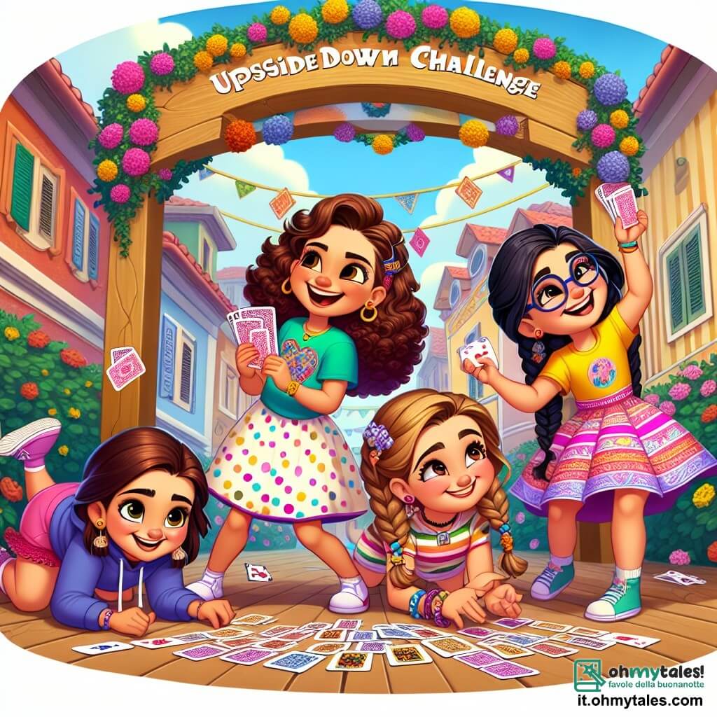 Al centro della scena, quattro ragazze di nove anni si tengono insieme, raggiante di gioia ed eccitazione. Sofia, con i capelli ricci e castani, indossa un vestito colorato a pois e sorride ampiamente, tenendo una carta in mano. Alla sua destra, Marta, con i capelli biondi intrecciati, è vestita con una maglietta verde brillante e un pantaloncino, ridendo mentre cerca di mantenere l'equilibrio su un piede. A sinistra, Giulia, con occhiali e capelli castani raccolti in una coda di cavallo, indossa una felpa blu e guarda il cielo, perplessa, come se stesse pensando al passo successivo. Infine, Lucia, con capelli neri e lisci, è vestita con una gonna rosa e una maglietta gialla, accovacciata per raccogliere carte da gioco cadute.

Il luogo è la piazza principale di un pittoresco villaggio, circondata da case colorate con persiane in legno e fiori vivaci alle finestre. Un grande cartello in legno, decorato con ghirlande di fiori, annuncia la "Grande Sfida delle Prove Inversate". Sullo sfondo, una folla gioiosa applaude, aggiungendo un'atmosfera festosa all'evento.

La scena principale mostra le ragazze mentre affrontano una sfida divertente: cercano di costruire un castello di carte saltando su un piede, ridendo mentre le carte crollano attorno a loro. L'espressione di determinazione e piacere sui loro volti illustra perfettamente lo spirito di camaraderie e avventura che le unisce.