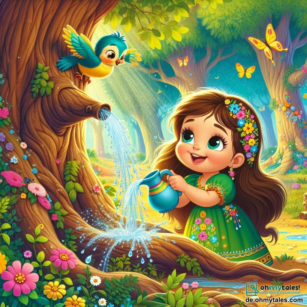 Eine kleine Frau namens Lila, fröhlich und neugierig, mit langen braunen Haaren und einem grünen Kleid, das mit bunten Blumen verziert ist, steht vor einem majestätischen großen Baum. Sie lächelt mit funkelnden Augen vor Staunen und hält eine kleine Wasserkanne in ihren Händen. Neben ihr sitzt ein kleiner Vogel mit leuchtend blauen und gelben Federn, der fröhlich auf einem niedrigen Ast des Baumes singt. Der Ort ist ein wunderschöner verzauberter Wald, gefüllt mit großen Bäumen mit knorrigen Stämmen, bunten Blumen und Sonnenstrahlen, die durch das Laub filtern. Schmetterlinge tanzen in der Luft und verleihen der Umgebung einen Hauch von Magie. Die Hauptsituation zeigt Lila und den Vogel, die dem großen Baum Wasser geben, der durstig zu sein scheint. Wassertropfen funkeln in der Sonne, und der Baum mit seinen üppigen grünen Blättern scheint vor Freude zu gedeihen.