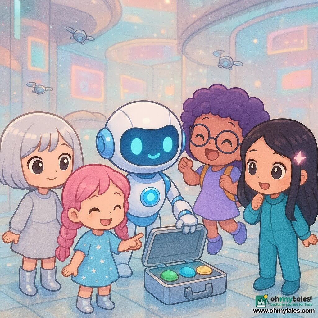 Five characters: Luna, 5, short shiny silver hair and silver boots, holding Mira’s hand and looking at the robot with wide curious eyes; Mira, 5, pink braided hair in a sky-blue starry dress, center-left, smiling and pointing at a green button; Zoe, 5, curly purple hair, round glasses and a yellow backpack, center-right, slightly jumping with excitement; Nia, 5, long black hair with a glowing clip in a turquoise jumpsuit, standing right and tipping her head to listen; and Pip, a round white guide-robot with neon-blue accents, a lit face screen and articulated arms, opening a case with three glowing buttons (green, blue, gold). They stand in a circle on the glass floor of the floating City Heart tower hall, with curved glass walls reflecting pastel neons, silver firefly-drones and colorful holograms; the mood is calm, magical and futuristic with pastel tones and metallic reflections.