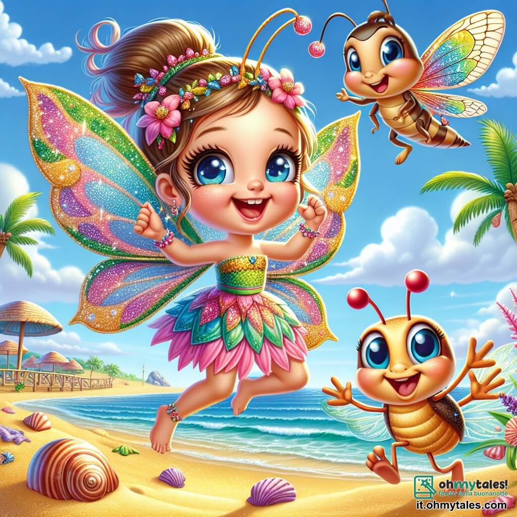 Un personaggio principale, una piccola fata con ali colorate e scintillanti, occhi brillanti e un sorriso radioso, danza gioiosamente sulla spiaggia, circondata da conchiglie e fiori tropicali. Accanto a lei, un grillo carino, con lunghe antenne e occhi scintillanti, applaude con entusiasmo mentre salta sulla sabbia dorata. Un pesce volante, con squame multicolori e pinne delicate, vola sopra di loro, ridendo e facendo piroette nell'aria. Il luogo è una spiaggia soleggiata, con onde dolci che lambiscono la riva, palme che ondeggiano dolcemente al vento e un cielo blu brillante punteggiato di nuvole bianche e soffici. La scena principale mostra la piccola fata mentre celebra con i suoi amici, danzando e ridendo insieme, creando un'atmosfera di gioia e amicizia, mentre godono di una bella giornata d'estate al mare.