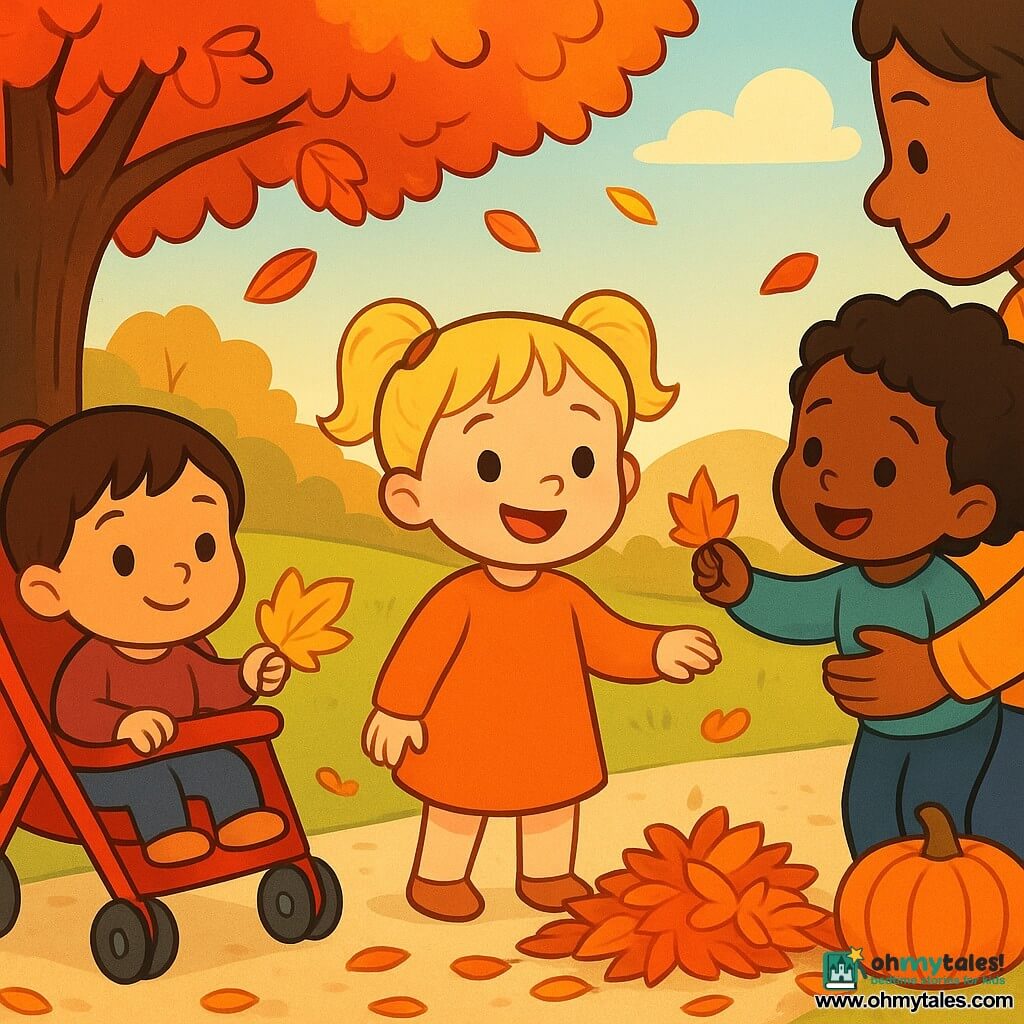 Three toddlers in an autumn park: a brown-haired baby (~1 yr) sitting in a small red stroller at left holding a yellow leaf; a blonde baby (~1 yr) standing center near the stroller holding her mother's hand and touching a pile of orange leaves; a black curly-haired baby (~1 yr) in her father's arms at right reaching an orange leaf toward the stroller; warm late-afternoon light, large tree with red, yellow and brown leaves, gravel path, small pumpkin nearby, vivid autumn colors and visible dry-leaf textures.