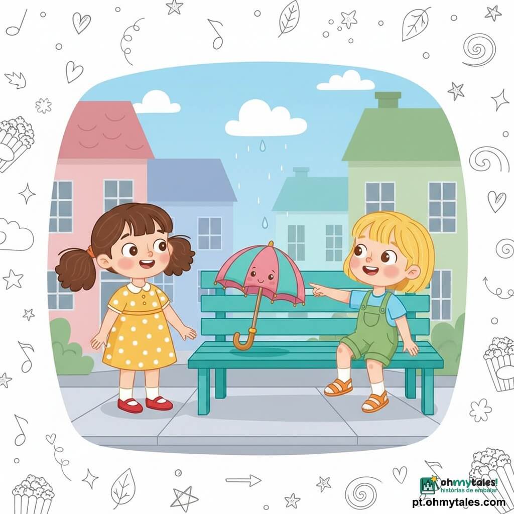 Há três personagens: Lila, 4 anos, cabelos castanhos em duas tranças grossas, vestido amarelo com bolinhas brancas e sapatos vermelhos, segura a mão de Bia à esquerda do banco e sorri para um pequeno guarda-chuva; Bia, 4 anos, cabelos loiros curtos, camiseta azul‑claro e jardineira verde com sandálias laranjas, está à direita do banco e aponta o guarda-chuva rindo; um guarda-chuva animado, pequeno e colorido, com tecido listrado rosa e turquesa e cabo de madeira com botão dourado, está no banco sorrindo enquanto uma gota de chuva cai somente sobre ele; cena num passeio calmo em frente a casas em tons pastel, banco de madeira turquesa e céu azul claro com uma nuvenzinha sobre o guarda-chuva, a chuva minúscula cai só sobre ele que canta e as duas meninas, de mãos dadas, observam surpresas e alegres.