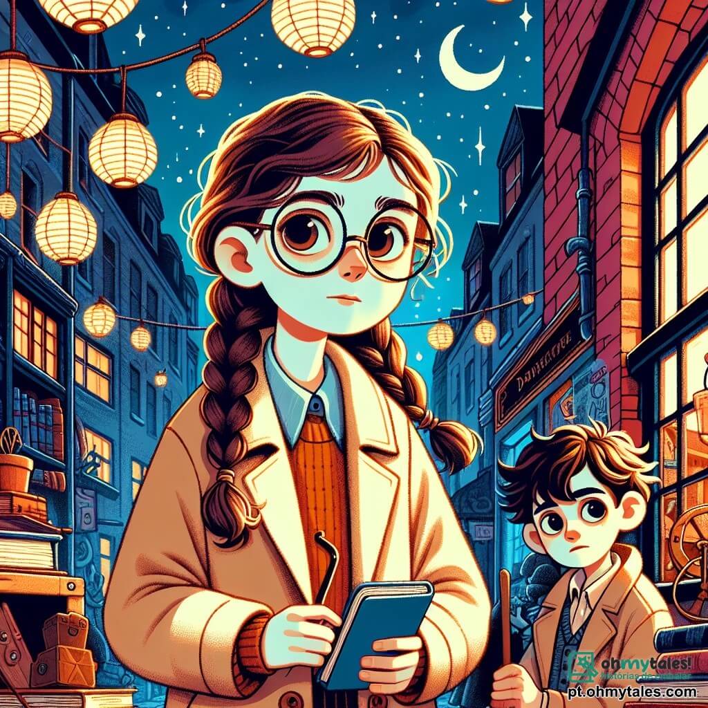 Uma jovem detetive, Mari, uma menina de 10 anos, está no centro da cena, com cabelos castanhos trançados e óculos redondos que lhe dão um ar inteligente. Ela usa um casaco de detetive bege, segurando um pequeno caderno azul, e seu rosto expressa uma determinação viva e curiosa. Ao seu lado, Tomás, um garoto de 9 anos, com cabelos castanhos bagunçados, observa com admiração, segurando uma régua de madeira, pronto para ajudá-la em sua investigação. Ao fundo, um velho edifício de tijolos vermelhos, a parte dos fundos de uma livraria, é decorado com lanternas que brilham suavemente, criando uma atmosfera misteriosa. A cena acontece à noite, com um céu estrelado e uma lua brilhante, enquanto Mari e Tomás examinam uma janela quebrada em busca de pistas, cercados por livros e objetos antigos.