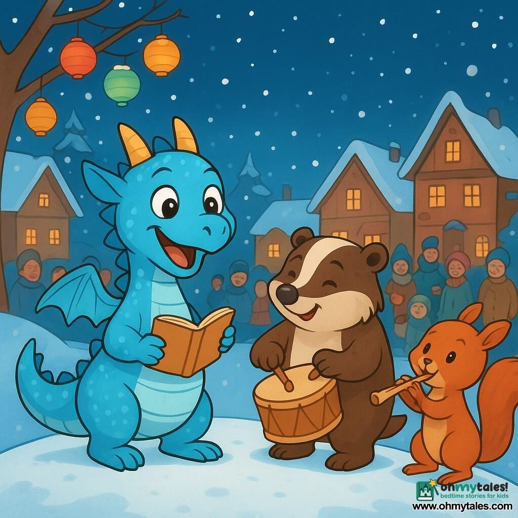 A small dragon named Pippa, with shimmering light blue scales, stands joyfully on a snowy hill, her eyes bright with happiness and excitement. She holds a small notebook in her paws, ready to write a New Year's song. Beside her, an old badger named Mr. Badger gently taps a wooden drum, his face smiling and focused as he prepares to play. Nearby, a little squirrel named Lila, with reddish fur and sparkling eyes, blows into a flute, her expression filled with joy and nervousness. The setting is a charming village square adorned with colorful lanterns hanging from the trees, with snowflakes gently falling and wooden houses topped with snow. The main scene shows Pippa and her friends rehearsing their New Year's song, surrounded by joyful families listening in wonder, creating a festive and warm atmosphere.