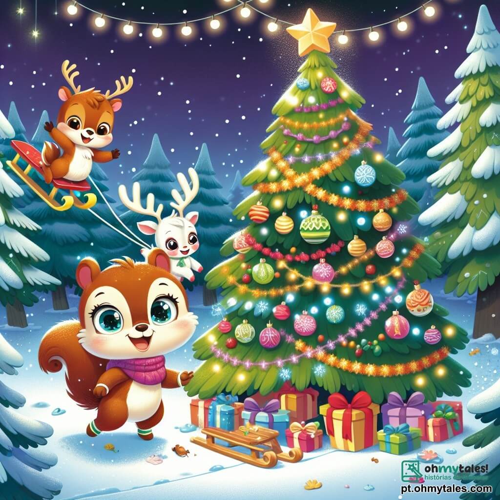 Um pequeno esquilo chamado Quico, com pelagem marrom e olhos brilhantes de alegria, está pulando de felicidade aos pés de um grande pinheiro de Natal decorado com guirlandas coloridas e luzes cintilantes. Ao lado dele, uma pequena rena chamada Lila, com pelagem branca e chifres dourados, observa Quico com um sorriso agradecido, seus olhos brilhando de excitação. O cenário é uma floresta nevada, com flocos de neve caindo suavemente e estrelas brilhantes no céu noturno. A cena principal mostra Quico e Lila celebrando seu sucesso após consertarem o trenó de Natal, cercados por presentes coloridos e uma atmosfera festiva cheia de magia.