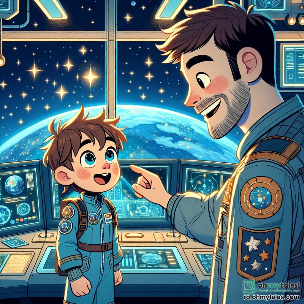 Andrei, un băiat de 10 ani cu părul castaniu și ochii plini de curiozitate, stă în fața unei feronier mari a bazei spațiale, uimit. Poartă o costum de astronaut albastru, puțin prea mare pentru el, iar fața lui exprimă o bucurie intensă și uimire în fața imensității spațiului. Lângă el, Mihai, un bărbat de aproximativ 30 de ani cu părul scurt și o barbă bine tunsă, zâmbește arătându-i stelele prin hublou. Poartă un uniform de astronaut argintiu, împodobit cu multe insigne, și se apleacă ușor spre Andrei, împărtășindu-i pasiunea pentru explorarea spațială. Locul este o sală de control modernă, plină de panouri luminoase, ecrane care afișează date spațiale și hărți stelare. Feronier mari oferă o vedere spectaculoasă asupra Pământului, care strălucește ca o bilă albastră în depărtare, înconjurată de un ocean de stele scintilante. Situația principală îl arată pe Andrei, cu ochii mari, arătând cu degetul către o stea strălucitoare, în timp ce Mihai îi explică cu entuziasm cum a călătorit în spațiu, creând un moment magic de descoperire și inspirație pentru băiat.