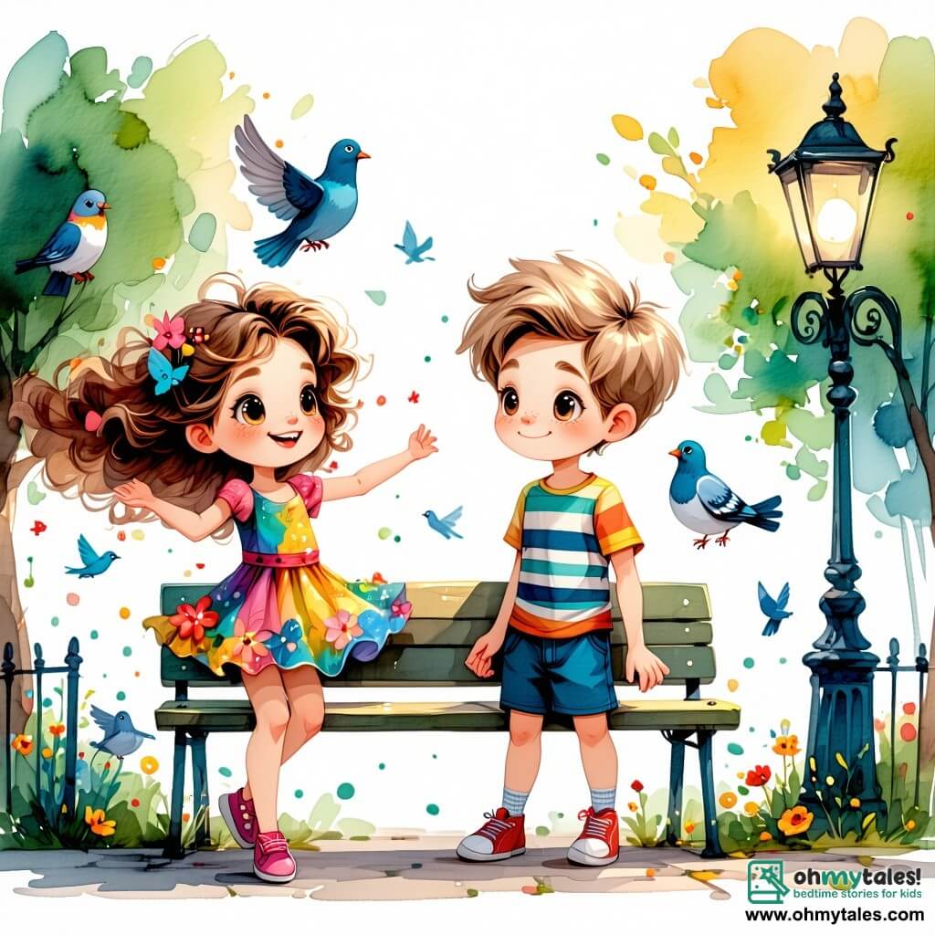 A 12-year-old girl, Lila, with curly auburn hair dancing in the wind, wears a colorful flower-patterned dress. She has a mischievous grin on her face, her eyes sparkling with mischief, as she stands on a bench in a park surrounded by pigeons. Next to her, an 8-year-old boy, Jack, with tousled blonde hair and a striped t-shirt, looks at Lila with admiration, holding a bag of bread to feed the birds. Further away, an elderly lady, Mrs. Witherspoon, around 70 years old, with gray hair in a bun and round glasses, sits on another bench, looking puzzled as she observes the scene. The park is bathed in golden light, with trees showcasing bright green leaves and colorful flowers swaying in the breeze. Children play in the distance, and the sky is a brilliant blue, dotted with fluffy white clouds. The main scene shows Lila laughing heartily as she has swapped places with Mrs. Witherspoon, discovering the world through the old lady's eyes, while Jack enjoys feeding the pigeons around them.