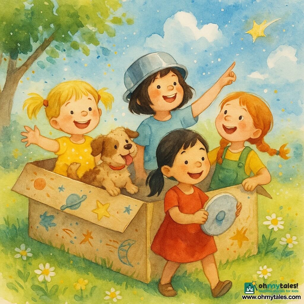Five characters: Lily, girl ~6, blonde pigtails, yellow polka-dot dress, sitting left in an improvised cardboard spaceship waving; Mia, girl ~6, short brown hair, sky-blue T-shirt, center-right, holding a pot as a helmet and smiling at the sky; Ella, girl ~6, red braided hair, green overalls, right of Mia, pointing at an imaginary meteor; Zoe, girl ~6, black ponytail, red dress, in front of the box pretending to steer with a plastic plate; Buster, small shaggy brown-spotted dog, beside Lily in the box, tongue out, wagging tail. Sunny garden with green grass dotted with yellow flowers and daisies, a large cardboard box decorated with crayons, shadow from a round-leaf tree, blue sky with fluffy white clouds. Main scene: children playing a "moon mission" in the cardboard spaceship, laughing, dynamic poses, watercolor splashes for stars and hop marks, bright colors and soft textures.