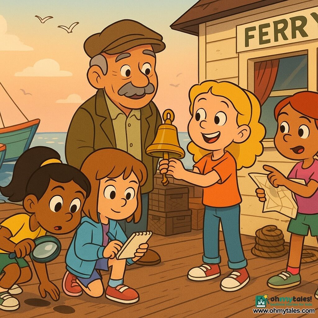 Four children — Maya (girl, 8): light brown straight hair, sky-blue jacket, crouched center with a small white notebook and blue pen, focused on a bell; Lina (girl, 8): black hair in a ponytail, holding a round magnifying glass, left, leaning over prints on the dock planks; Zoe (girl, 8): red hair in a braid, holding a folded paper map, right, pointing it toward a boat; Emma (girl, 8): curly blonde hair, wide smile, carefully holding the bell with both hands near Mr. Park — an elderly man with a gray mustache and brown-green jacket standing by the ferry house door; setting: a worn wooden dock with visible nails, coiled ropes, stacked fish crates, hanging nets, small colorful boats moored to port, a cream-painted ferry house with a large window and red curtain, shimmering sea and gulls in a pastel sky at sunset; scene: the four young detectives return the bell to Mr. Park, expressions of relief and pride, warm, reassuring atmosphere with soft sunset light.