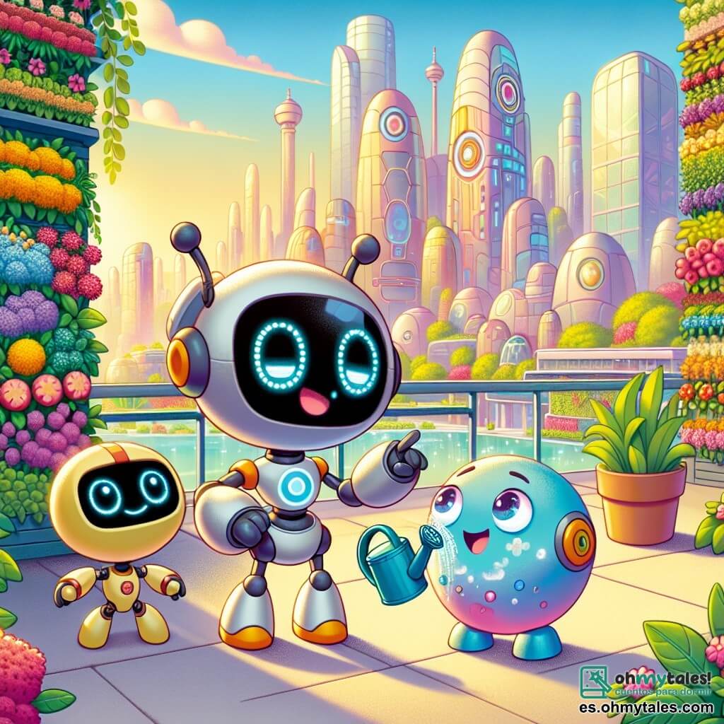 Zippy, un pequeño robot en forma de perro con largas orejas y ojos brillantes que cambian de color, está de pie en una terraza verde, sonriendo con emoción mientras admira su colorido jardín vertical. A su lado, Bubbles, un robot esférico flotante, tiene ojos redondos y chispeantes de alegría, tomando notas en una pequeña pantalla holográfica. Boxy, un robot cuadrado con una expresión concentrada, está regando las plantas con una pequeña regadera, justo detrás de Zippy. El lugar es una magnífica terraza con vista a la ciudad futurista de Neotropolis, llena de edificios brillantes de formas audaces y jardines exuberantes, todo bañado en la luz dorada del sol poniente. La escena principal muestra a Zippy y sus amigos celebrando la finalización de su proyecto de jardín vertical, rodeados de flores vibrantes y plantas trepadoras, simbolizando su compromiso con un futuro más verde y sostenible.
