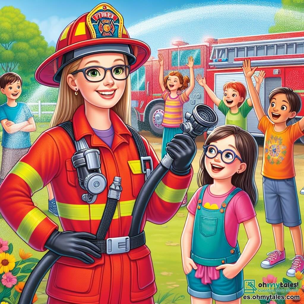 Una mujer bombera, Laura, se encuentra orgullosamente en el centro de la imagen, con una gran sonrisa en su rostro. Lleva un uniforme rojo brillante, un casco reluciente y guantes negros, y sostiene una manguera de juego, lista para mostrar a los niños cómo usarla. A su lado, una niña llamada Sofía, de 8 años, con largos cabellos castaños y gafas, levanta la mano con emoción, lista para hacer una pregunta. Detrás de ellos, un grupo de cinco niños, de 6 a 10 años, juega con la manguera de juego, salpicando agua y riendo. La escena tiene lugar en un parque soleado, lleno de flores y árboles verdes, con un gran camión de bomberos rojo estacionado en el fondo, añadiendo emoción a la atmósfera. Laura enseña a los niños a usar la manguera de juego para simular la extinción de un fuego, creando un ambiente alegre y educativo.