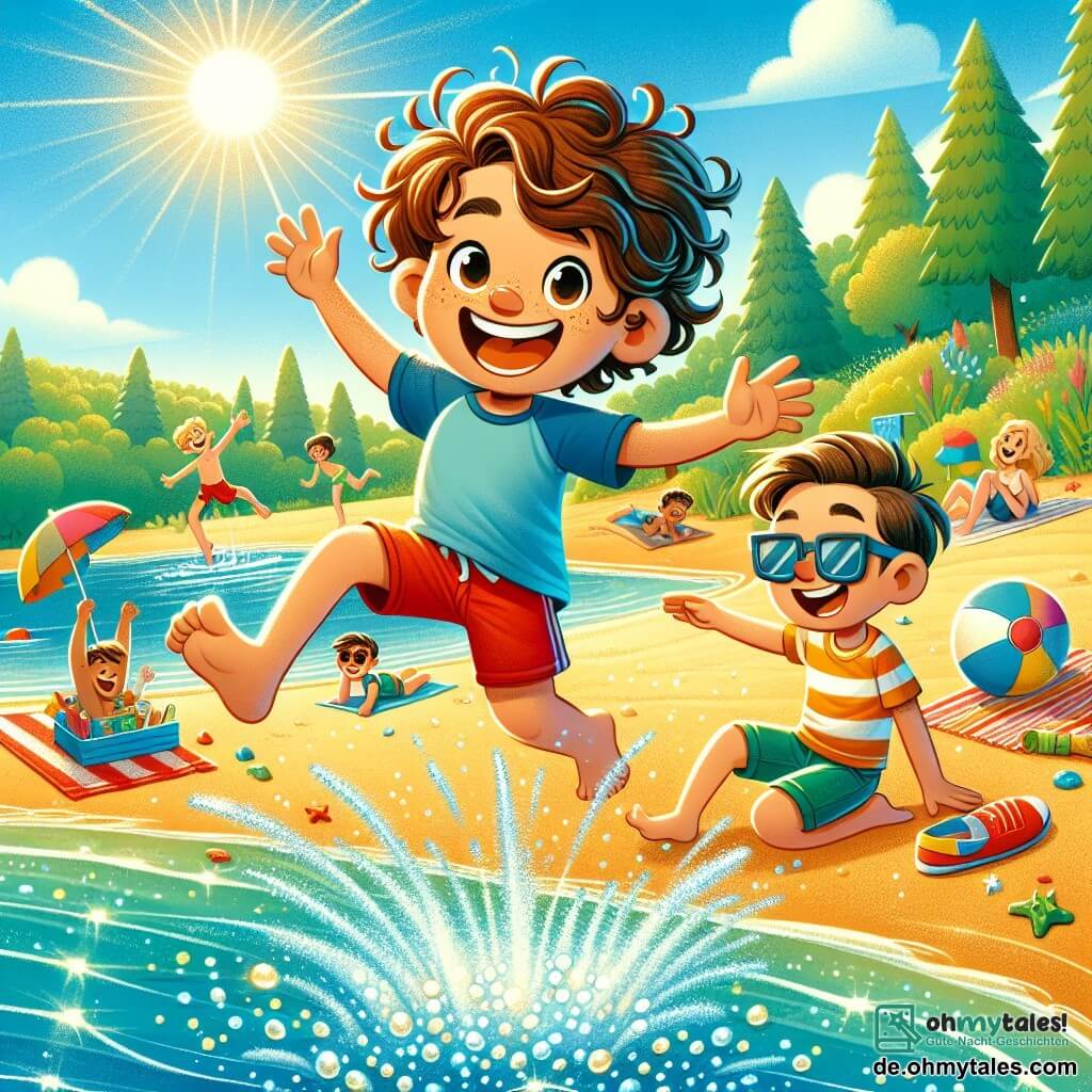 Ein 10-jähriger Junge, Max, mit lockigem, kastanienbraunem Haar und einem großen, fröhlichen Lächeln, trägt eine rote Badewanne und ein blaues T-Shirt. Er springt ins kristallklare Wasser eines Sees und spritzt glitzernde Wassertropfen um sich. Neben ihm lacht sein bester Freund Tim, ebenfalls 10 Jahre alt, mit Sonnenbrille und gestreifter Shorts, während er einen bunten Strandball hält. Sie befinden sich an einem goldenen Sandstrand, umgeben von grünen Bäumen und einem strahlend blauen Himmel. Im Hintergrund bauen Kinder Sandburgen und Familien genießen die Sonne auf bunten Handtüchern. Die Szene zeigt einen Moment reinen Glücks und Freundschaft an einem sonnigen Sommertag am See.