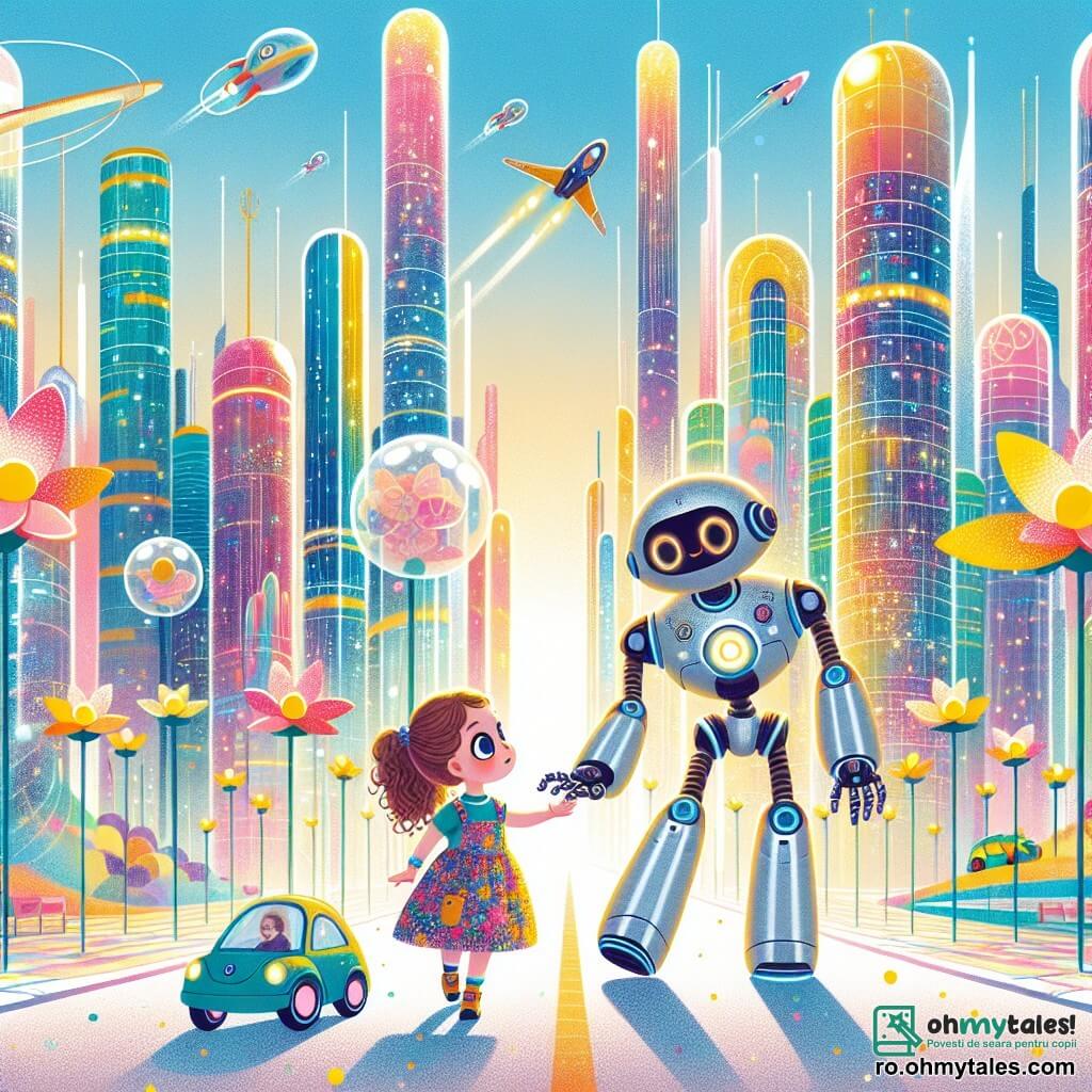 O fetiță de 4 ani, pe nume Ana, cu ochi mari și curioși și păr creț brun, se află în centrul unui oraș futurist. Ea poartă o rochie colorată cu motive florale și un zâmbet uimit pe față, privindu-se în jur cu fascinație. Lângă ea, un robot prietenos numit Robi, de dimensiunea unui copil, cu un corp argintiu și ochi rotunzi și strălucitori, îi întinde o mână metalică, pregătit să o ajute. Decorul este un oraș strălucitor, plin de clădiri din sticlă care se ridică spre cer, mașini zburătoare trecând deasupra lor și flori uriașe care cântă ușor. Lumini colorate iluminează străzile, creând o atmosferă magică și veselă. Situația principală arată cum Ana și Robi merg împreună pe un drum luminos, înconjurați de flori cântătoare, în căutarea drumului care o va duce pe Ana acasă, plini de uimire și aventură.