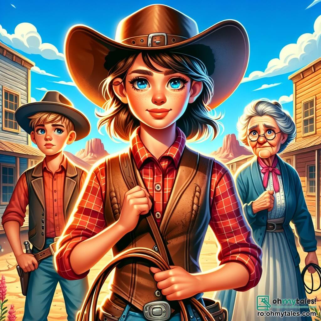 O fată cowboy neînfricată, Ella, stă în centrul imaginii, cu ochii strălucind de determinare. Poartă o pălărie de cowboy mare, o cămașă în carouri roșii și o vestă din piele uzată. Expresia ei este hotărâtă, pregătită să înfrunte aventura. La dreapta ei, Tom, un băiat de 10 ani, cu părul blond în dezordine și fața îngrijorată, o privește pe Ella cu admirație, ținând un laț în mâini. La stânga, bătrâna doamnă Hensley, de aproximativ 70 de ani, cu părul gri prins și ochelari rotunzi, plânge ușor, cu mâinile împreunate, implorând ajutor. Decorul este al unui mic sat din Vestul Sălbatic, cu clădiri din lemn cu fațade prăfuite, un cer albastru strălucitor și munți în depărtare. Soarele strălucește intens, proiectând umbre lungi pe pământul bătătorit. Situația principală o arată pe Ella, pregătită să plece în căutarea nepoțelului doamnei Hensley, cu Tom alături, în timp ce bătrâna îi privește cu speranță. Atmosfera este tensionată, dar plină de curaj, în timp ce se pregătesc să înfrunte banda lui Red Jack.