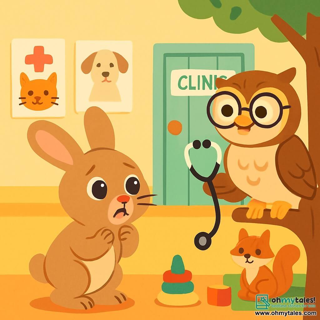 A small rabbit with large ears and soft, silky fur stands on its hind legs, with round, shiny eyes showing a mix of fear and curiosity. It timidly looks at a wise owl wearing round glasses and brown and cream feathers, smiling warmly while holding a small stethoscope. The owl is perched on a tree branch next to a pastel green wooden clinic door. The setting is an animal clinic, with soft-colored walls, animal care posters on the walls, and children's toys scattered on the floor. In this scene, the little rabbit, a bit trembling, is preparing to meet Dr. Owl, while animals like a fox and a squirrel wait calmly in the waiting room, creating a reassuring and friendly atmosphere.