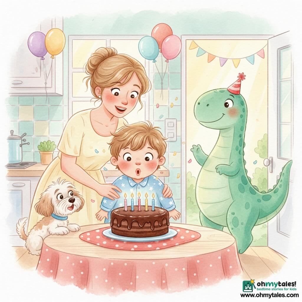A smiling 4-year-old boy with tousled light-brown hair in blue starry pajamas blows out four candles on a large chocolate cake on a light-wood table; his mother, about thirty with hair in a soft bun and a pale-yellow dress, stands behind him smiling with her hands on his back; Benny, a small white-and-beige curly dog with a wagging tail, sits to the boy’s left looking at the cake; Dino, a large colorful dinosaur with green scales with turquoise sheen and a small red party hat, enters through the kitchen door to the right-rear; the bright warm kitchen has a red polka-dot tablecloth, multicolored balloon garlands, pastel tiled walls and sunbeams; the scene captures the birthday moment as he blows the candles—joyful energy, floating confetti, soft watercolor textures and white highlights on eyes and cake.