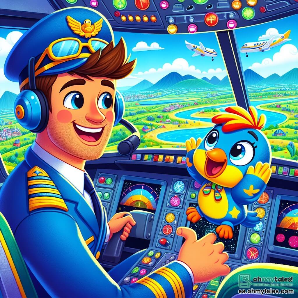 Un piloto hombre, llamado Pedro, sonriente y alegre, lleva un uniforme azul brillante con hombreras doradas. Tiene cabello castaño y gafas de sol en la frente, mirando con asombro por la ventana de su cockpit. A su lado, un pequeño copiloto de peluche, un pájaro llamado Tito, de colores vivos, con una sonrisa amistosa, que baila en el tablero de instrumentos. El cockpit está lleno de botones coloridos e instrumentos brillantes, con una vista espectacular de un cielo azul salpicado de nubes blancas esponjosas. Abajo, se puede ver un paisaje hermoso: montañas verdes, ríos brillantes y pequeñas ciudades con techos coloridos. La situación principal muestra a Pedro y Tito comunicándose con gestos con otro piloto que pasa cerca en un avión amigo, mientras los pasajeros en la parte trasera del cockpit los miran con expresiones de emoción y alegría.