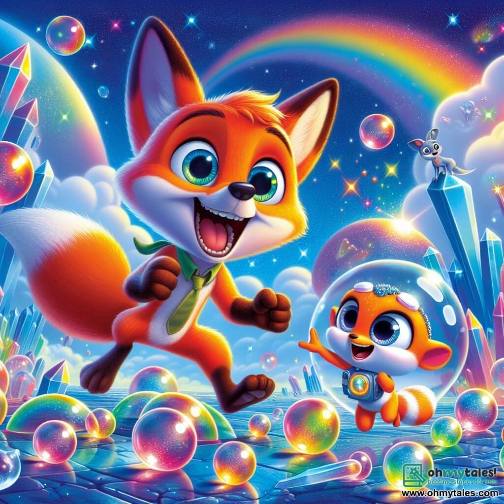 A small bright orange fox named Finn, with large sparkling eyes and a bushy tail, stands at the center of the image, displaying an expression of wonder and joy. He is enthusiastically jumping, surrounded by floating colorful bubbles, capturing the playful spirit of adventure. Next to him, a small alien named Zippy, with multicolored fur and three sparkling eyes, is smiling widely while pointing at the bubbles, showing his excitement. He is slightly smaller than Finn and stands on a small crystal platform, adding a touch of magic to the scene. The backdrop is a fantastical planet with shimmering crystal formations and vibrant colors, where the sky is dotted with bright stars and candy-shaped clouds, creating a fairy-tale and joyful atmosphere. The main scene shows Finn and Zippy playing catch with rainbow bubbles, surrounded by laughter and joy, symbolizing friendship and adventure in a magical universe.