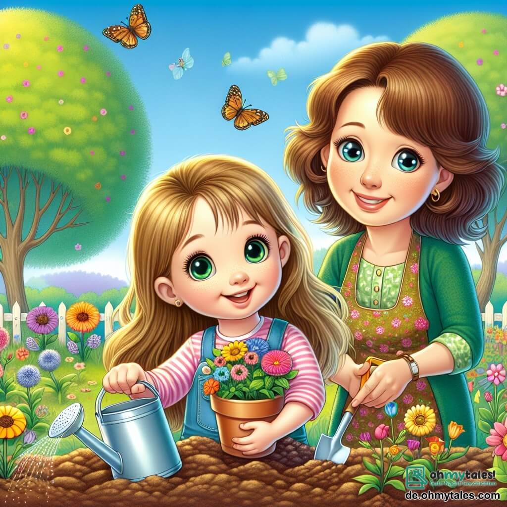 Ein 10-jähriges Mädchen, Lena, mit langen blonden Haaren und neugierigen, strahlenden Augen, steht im Mittelpunkt des Bildes. Sie lächelt fröhlich, hält eine kleine Schaufel und einen bunten Blumentopf, bereit, Blumen im Garten zu pflanzen. Neben ihr ermutigt ihre Mama, eine Frau in den Dreißigern mit braunen Haaren und einem warmen Lächeln, sie mit einem stolzen Blick und hält eine Gießkanne. Der Garten ist ein sonniger, lebendiger Ort, gefüllt mit frisch umgegrabener brauner Erde, bunten Blumen, die zu blühen beginnen, und grünen Bäumen im Hintergrund. Schmetterlinge fliegen um sie herum und verleihen der Szene einen Hauch von Magie. Die Hauptsituation zeigt Lena und ihre Mama beim gemeinsamen Pflanzen von Blumen, was den Beginn des Frühlings und die Freude symbolisiert, etwas Schönes zu schaffen.