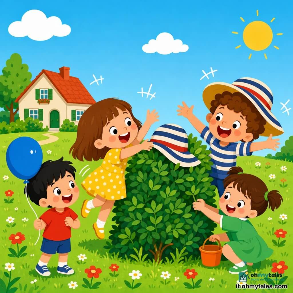 Bambina di 4 anni, felice e maliziosa, capelli castani a caschetto, guance rosee, vestito giallo a pois bianchi, salta sulle punte per prendere un grande cappello a righe incastrato in un cespuglio; ragazzo Luca ~4 anni, concentrato e sorridente, capelli neri corti, maglietta rossa, tiene un pallone blu a sinistra; bambina Nina ~4 anni, timida ed entusiasta, capelli in due codine, vestito verde, accovacciata a destra con un secchiello arancione ad aiutare; ragazzo Gino ~4 anni, ridente ed esuberante, capelli ricci castani, il cappello a righe troppo grande sulla testa che si è appena sollevato, dietro la bambina con le braccia tese; prato davanti a una casa con erba verde e piccoli fiori rossi e bianchi, cespuglio al centro, cielo azzurro e sole in alto a destra; scena: quattro bambini intorno al cespuglio che ridono e cercano di recuperare il cappello, atmosfera gioiosa, colori vivaci, forme semplici, contorni netti.