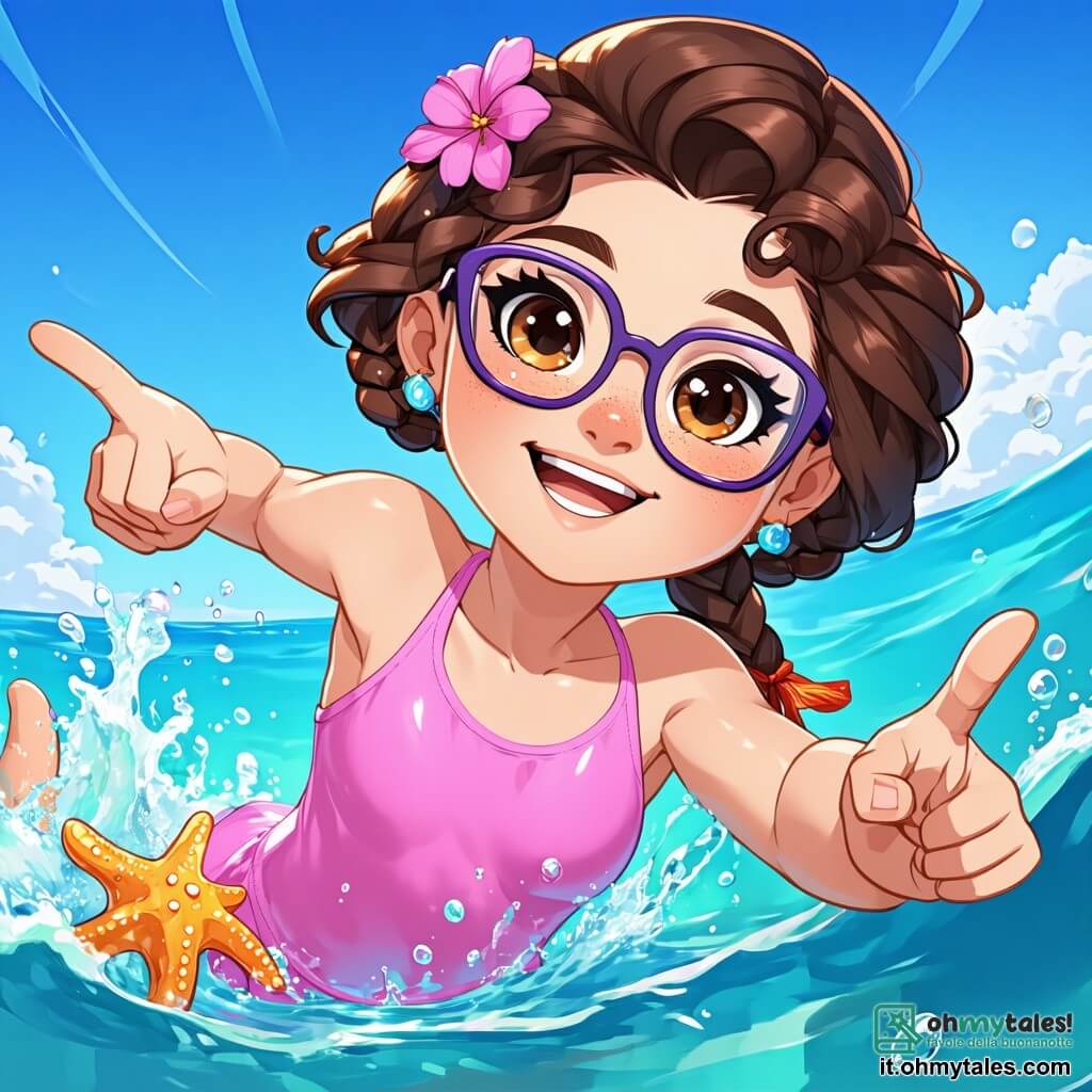 Ci sono 3 personaggi: - Alice: una ragazza di 9 anni, con capelli ricci castani e occhi scintillanti. Indossa un costume da bagno rosa e nuota con entusiasmo, un grande sorriso sul volto. - Giulia: una ragazza di 8 anni, con capelli biondi intrecciati e occhiali tondi. Sta indicando una bella stella marina, vestita con un costume da bagno blu. - Chiara: una ragazza di 9 anni, con capelli castani e occhiali da sub sulla fronte. Ha una coda di sirena scintillante e osserva attentamente i pesci colorati, indossando un costume da bagno verde. L'ambientazione è un magnifico regno sottomarino, pieno di coralli multicolori e pesci esotici. I raggi di luce filtrano attraverso l'acqua cristallina, illuminando la scena con una dolce luce blu. Sullo sfondo si vede un grande castello di corallo, adornato di perle brillanti e circondato da creature marine gioiose. La situazione principale mostra le tre amiche, trasformate in sirene, che esplorano con meraviglia il loro nuovo ambiente sottomarino. Nuotano insieme, scoprendo meraviglie marine, ridendo e meravigliandosi dei tesori nascosti del fondo dell'oceano.