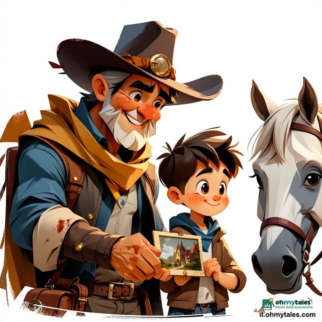 Un uomo, Mateo, sorride dolcemente, volto segnato ma benevolo, cappello a tesa larga, giacca marrone consumata, accarezza un cavallo bianco e tiene una piccola foto vicino al cuore; accanto a lui Joaquin, adulto dal volto robusto con una cicatrice sulla guancia, sguardo serio ma ammorbidito, braccia conserte, pronto a collaborare; davanti, Tomas, circa 12 anni, capelli arruffati e mani un po' sporche, osserva Mateo con curiosità; una bambina di circa 6 anni con capelli disordinati e occhi grandi e ridenti tiene una scatolina di caramelle sul portico di una casa di legno sullo sfondo a destra; il cavallo Nuvola, grande e bianco, appoggia il muso sulla mano di Mateo, criniera al vento; ambientazione: piccolo villaggio del Far West al crepuscolo, case di legno ocra, ruscello scintillante a sinistra, colline rosse sullo sfondo, casse e balle di fieno sparse; situazione: paesani e uomini della valle si radunano pacificamente davanti all'ufficio postale in un'atmosfera di riconciliazione, tramonto caldo, bambini che corrono tra i cavalli, clima calmo e solidale.