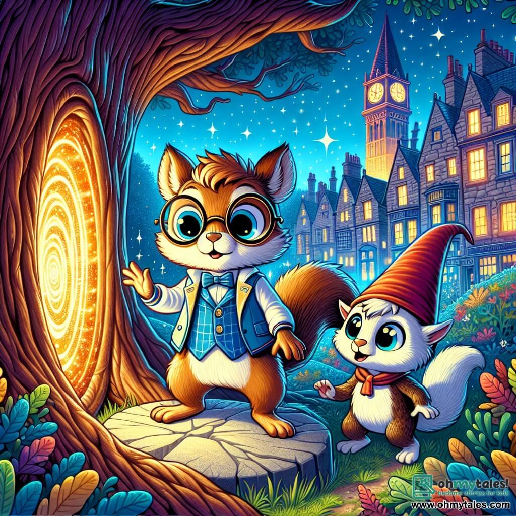 A squirrel named Jasper, dressed in a small blue vest and wearing round glasses, stands on a stone at the base of a large oak tree. His face shows determination and wonder as he observes a magical glow emanating from a shimmering portal at his feet. Next to him, a mischievous gnome named Finnegan, with a red beard and a pointed hat, looks at the portal with wide eyes, his expression a mix of curiosity and surprise. In the background, the urban landscape of Eldenborough unfolds, featuring stone houses with colorful roofs, a twilight sky dotted with twinkling stars, and the majestic town clock glowing softly. The main scene depicts Jasper and Finnegan closing a magical portal, surrounded by swirling leaves and an enchanted atmosphere.