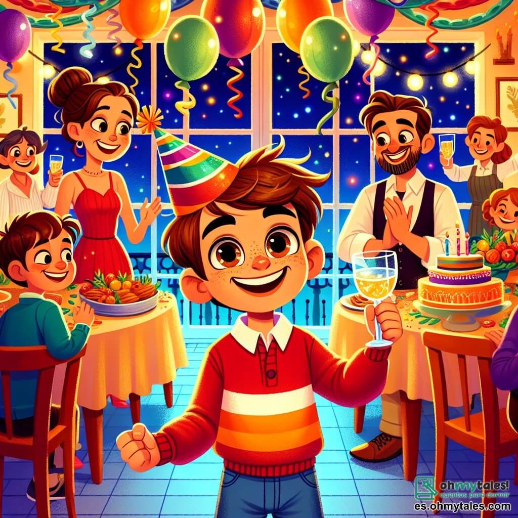 Un niño de 10 años, Lucas, con el cabello castaño desordenado y ojos brillantes de alegría, lleva un gorro de fiesta colorido y un suéter rojo brillante. Sonríe ampliamente, con los brazos abiertos, en medio de una sala decorada con serpentinas brillantes y globos multicolores. A su lado, su madre, Marta, una mujer de unos treinta años con el cabello castaño recogido en un moño, prepara platos en una gran mesa llena de delicias, mientras le lanza una mirada orgullosa. Su padre, Javier, un hombre sonriente con barba bien cuidada, baila alegremente al fondo, sosteniendo un vaso de jugo espumoso. La escena transcurre en una sala acogedora, iluminada por guirnaldas luminosas, con ventanas que dan a un cielo nocturno estrellado. Lucas está rodeado de amigos y vecinos, todos listos para celebrar el Año Nuevo, contando juntos los últimos segundos antes de la medianoche, creando una atmósfera festiva y alegre.