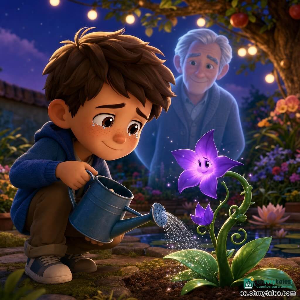 Niño de 8 años, Juanito, expresión dulce y melancólica, rostro redondo con pecas y cabello castaño alborotado, en cuclillas regando con una regadera metálica azul una planta mágica llamada Violeta, de tallo flexible, hojas verde esmeralda y flores púrpura luminosas en forma de estrella; al fondo, la figura semitransparente y benigna de su abuelo (unos 70 años) sonriendo como presencia protectora. Patio-jardín al crepúsculo con estanque, sendero de piedras y guirnaldas cálidas; la luz de las guirnaldas acaricia gotas brillantes creando una atmósfera serena entre tristeza y consuelo. Paleta: violetas profundos, verdes esmeralda, azules crepusculares y dorados cálidos. Composición: primer plano del niño y la planta, abuelo translúcido desenfocado al fondo, iluminación suave desde arriba y estilo cel-shading 3D.