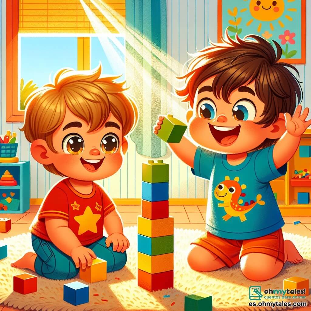 Un niño de 2 años, llamado Tomás, tiene grandes ojos brillantes y una sonrisa alegre. Lleva una camiseta roja con estrellas amarillas y pantalones cortos azules. Tomás está agachado, concentrado, construyendo una torre de bloques de colores, sosteniendo un bloque verde. A su lado está Pedro, un niño de 3 años con cabello castaño desordenado y una camiseta azul con un dinosaurio. Pedro sonríe ampliamente, levantando los brazos, listo para añadir un bloque naranja a la torre. Están sentados sobre una alfombra suave, rodeados de juguetes coloridos. La escena tiene lugar en un aula luminosa, con paredes amarillas y dibujos de niños colgados. Rayos de sol entran por las ventanas, iluminando los bloques esparcidos. Tomás y Pedro están construyendo juntos una torre de bloques, riendo y animándose, creando un momento de alegría y amistad.